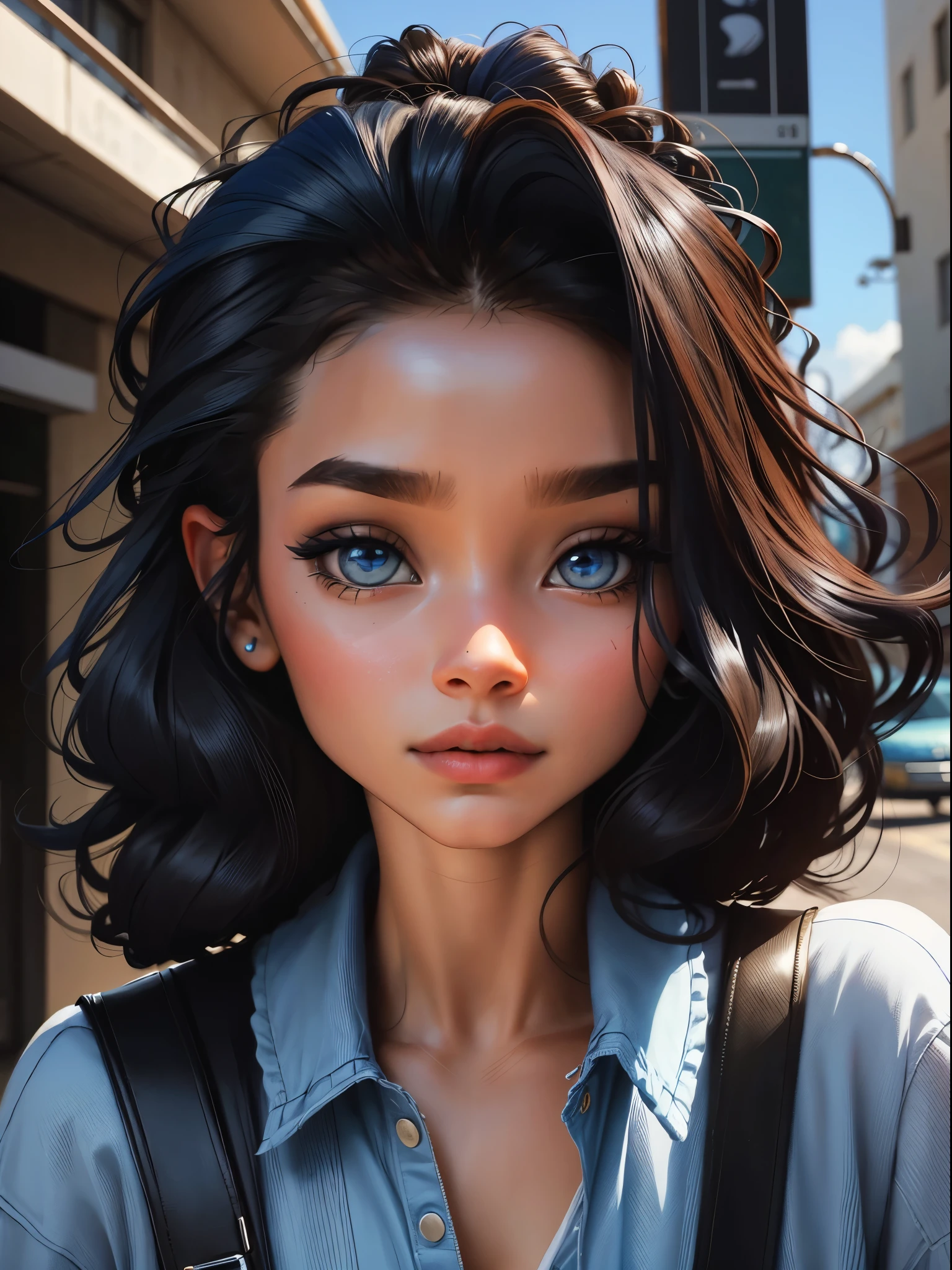 22 years old, bonita e fofa, street, dread's amarrados, Dark blue oculus, usando touca e roupas leves, babyface, estilo Chibi digital, cabelos bicolores e preto, azul e preto claro, olhos de detalhe perfeito, rosto delicado, CG perfeito, Qualidade de imagem HD, fundo simples