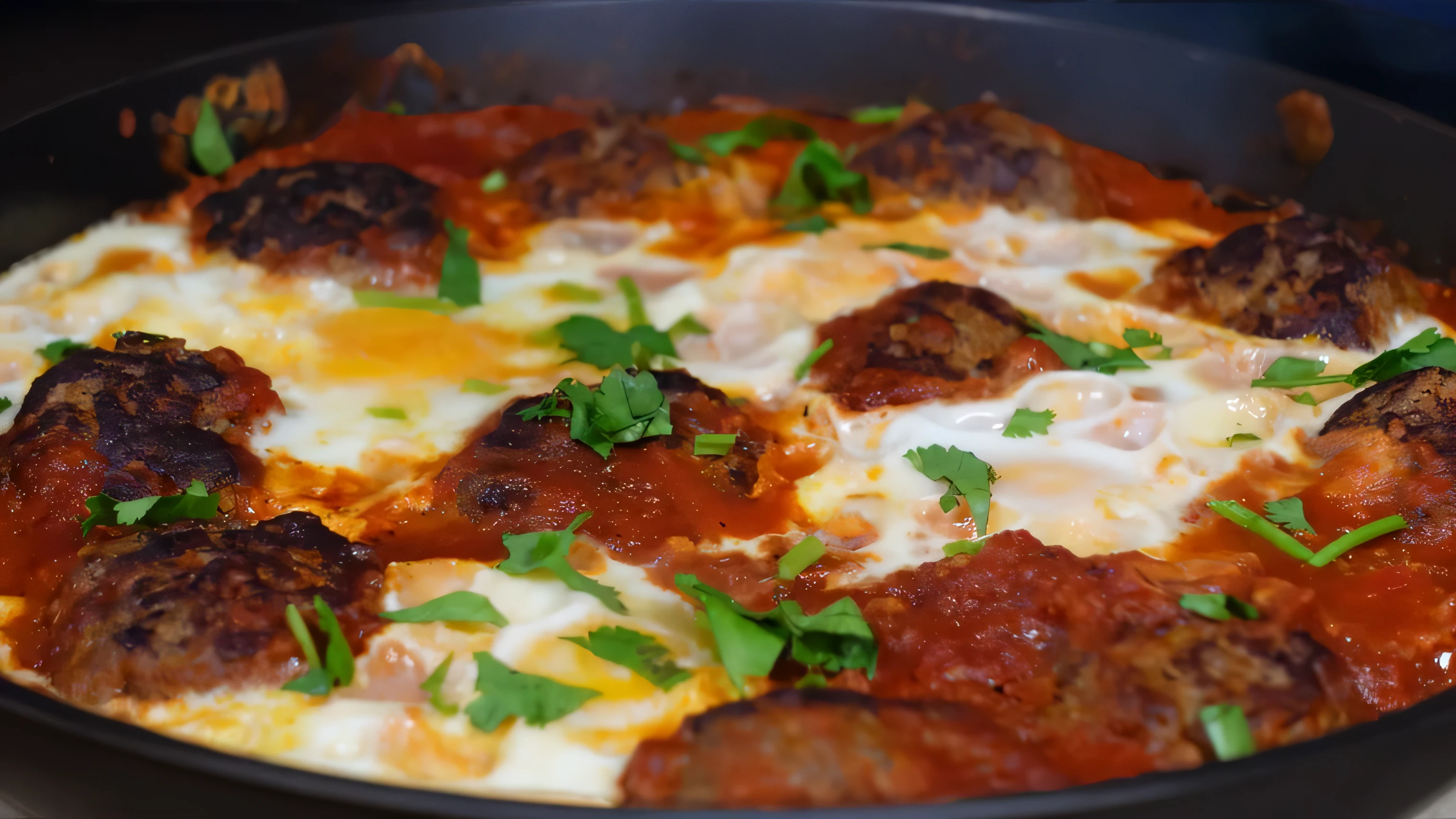 there is a pan with meatballs and sauce in it, 3 4 5 3 1, beaucoup de boules de mozzarella, sentimental, Cuit, 4 0 9 6, delicious, oeuf, inspired by Phil Foglio, inspired by Jan Kupecký, mozzarella partout, incroyablement beau, Italian masterpiece, A breathtaking view, very tasty, minced red meat, very complex, inverse, Nous