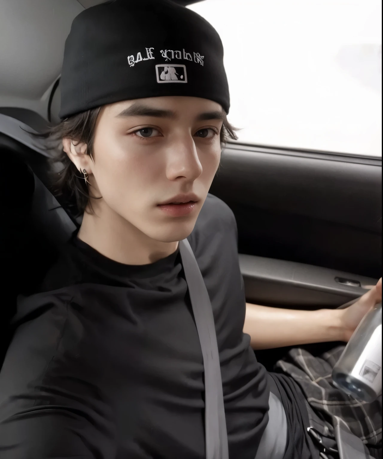 A with a low tap cap with brown eyes a bape t shirt a little smoke that comes out of his mouth and white skin in a car