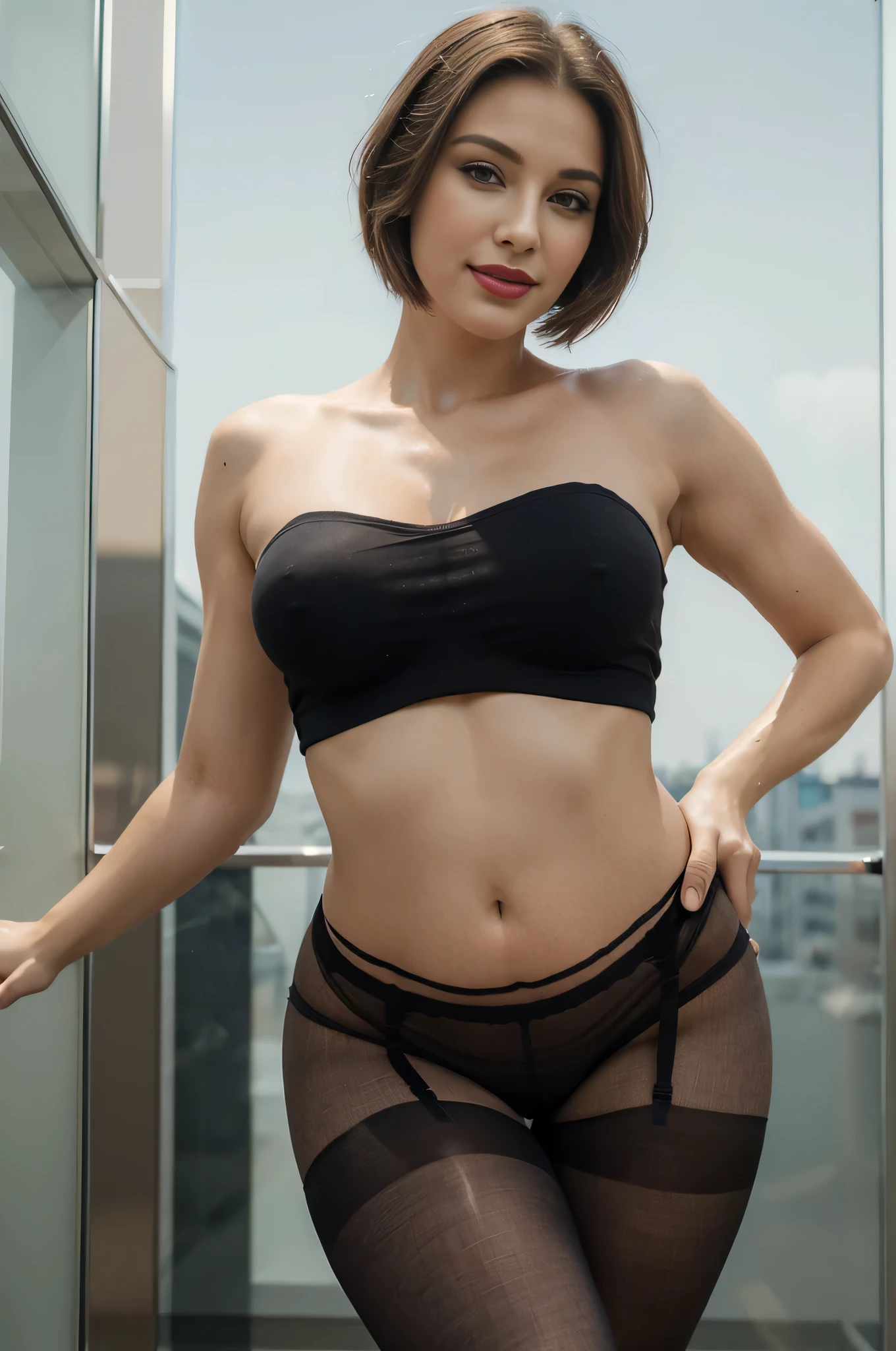 (((masterpiece))), ((one) 28 year old woman), best quality, Detailed faces, clear face, pretty girl, makeup, Red lips, smiling, perfect body, shoulder length straight short hair, stunning breasts, thigh, slim, thin, (only dressed with a semi sheer Tube top and black pantyhose), pantyhose, tights, lower abdomen, Snowscape, winter, street