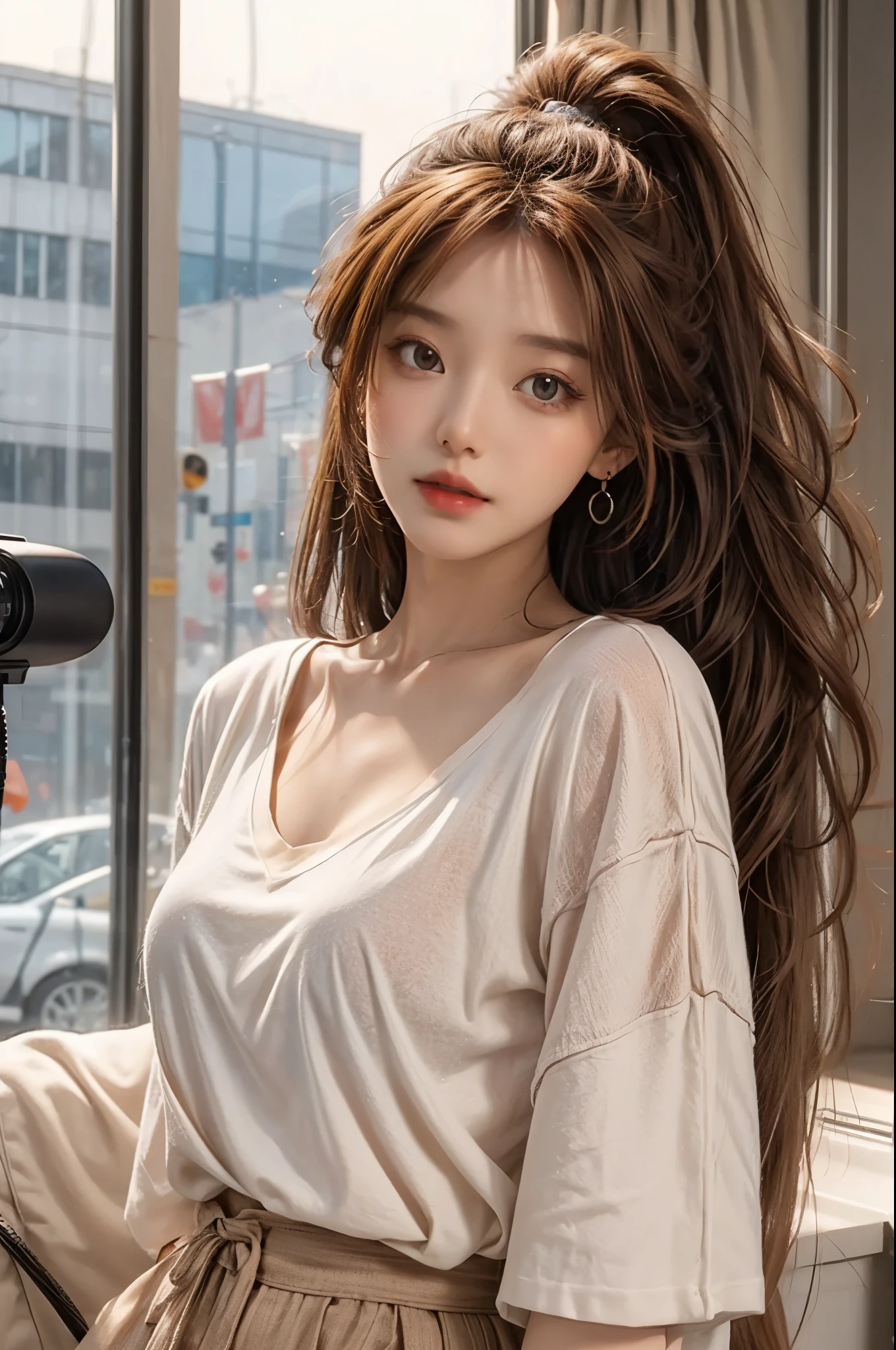 a woman with short brown air, white loose shirt with long v-neck, reddish orange lips, round brown eyes