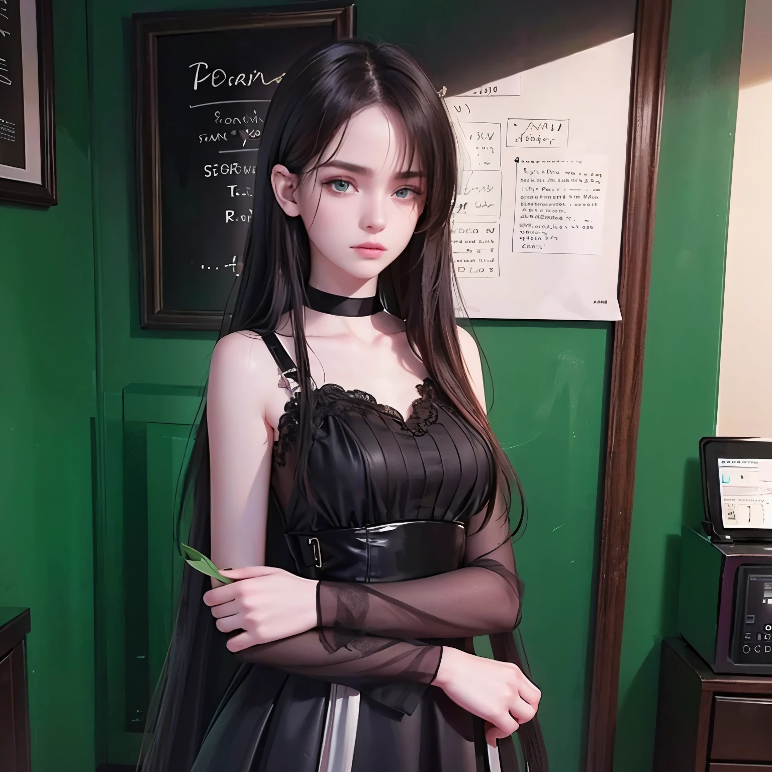 A drawing of a 16 year old girl who is pale skin with dark green eye's, long black hair wearing a black dress.