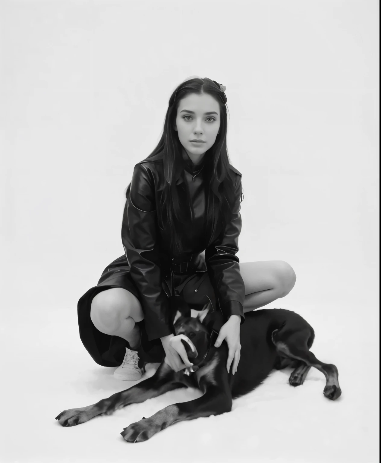 black and white photo. Girl with Doberman. Girl with beautiful hair in a black leather coat.