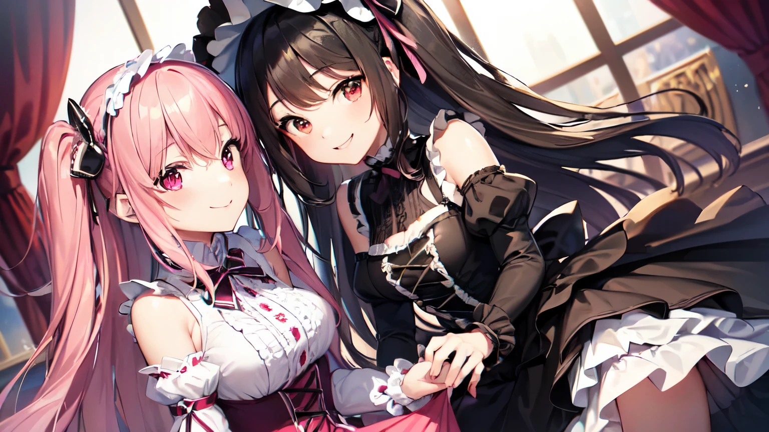 (in 8K, best quality, master piece: 1.2), super high resolution,((2girls,smiling while making eye contact)),1girl has long pink hair and black Lolita fashion with an anxious smile, 1girl has long black hair and pink Lolita fashion with a confident smile, frills, and ribbons,Observation Deck