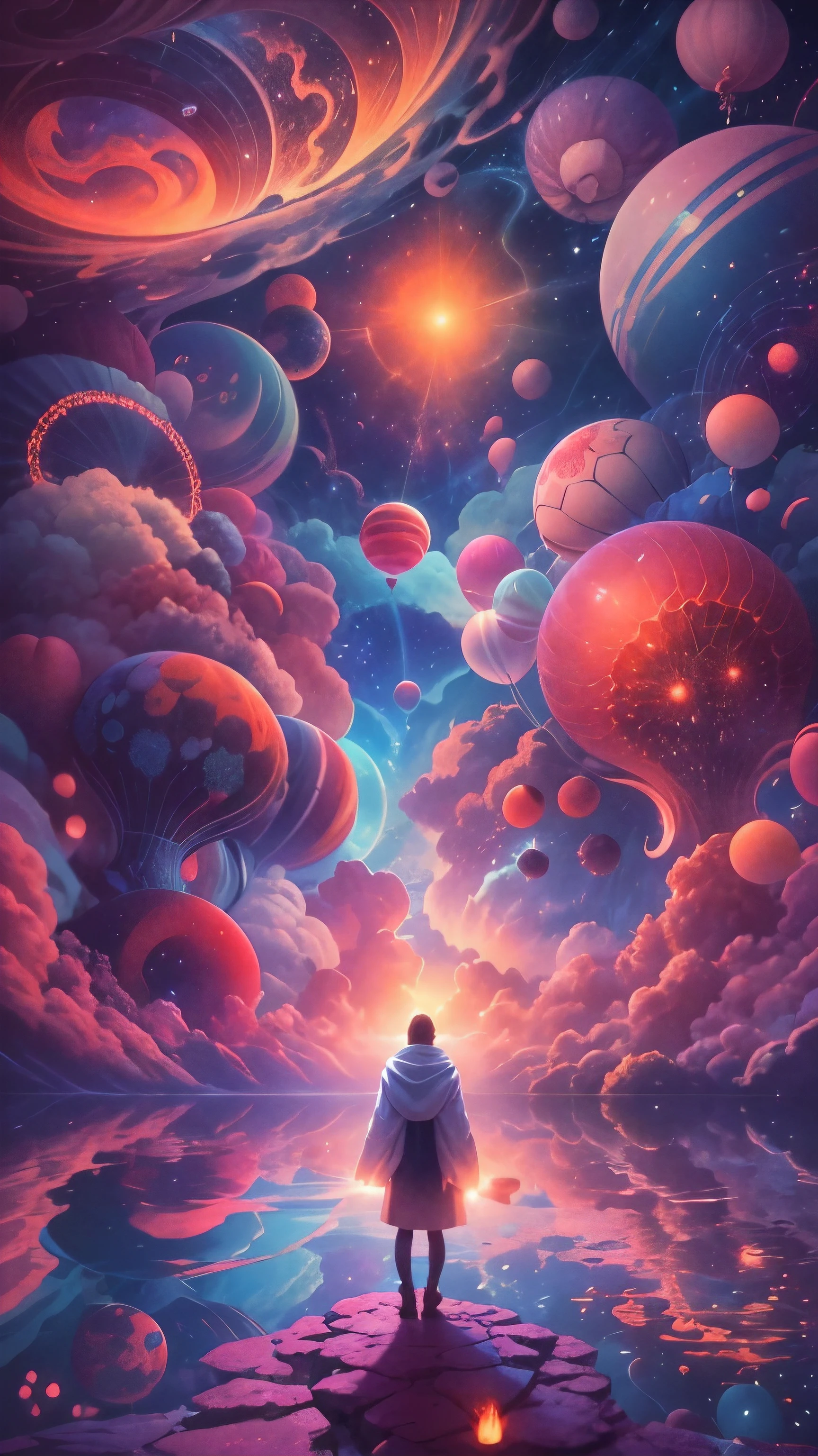 Obra maestra, 4k, Ultra Resolution, Best image resolution, Stunning illustration depicting a person's inner universe, mostrando sus pensamientos, Emotions and dreams in a surreal and magical landscape. Use vivid colors and meaningful symbols to reflect the complexity of the human mind.