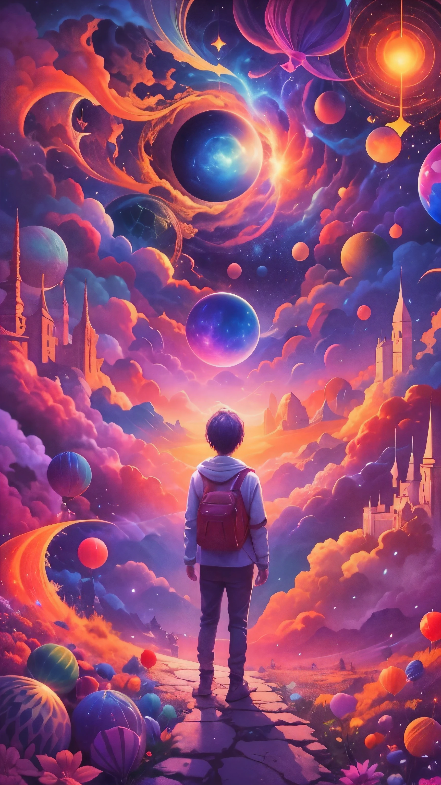 Obra maestra, 4k, Ultra Resolution, Best image resolution, Stunning illustration depicting a person's inner universe, mostrando sus pensamientos, Emotions and dreams in a surreal and magical landscape. Use vivid colors and meaningful symbols to reflect the complexity of the human mind.