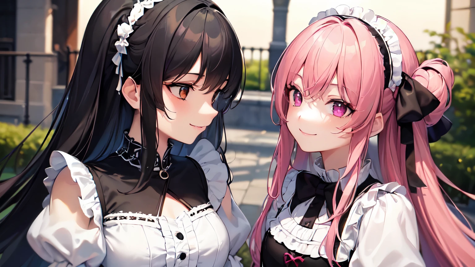 two anime girls with pink hair with wings with leather skirts with nipples waisted licking pussy