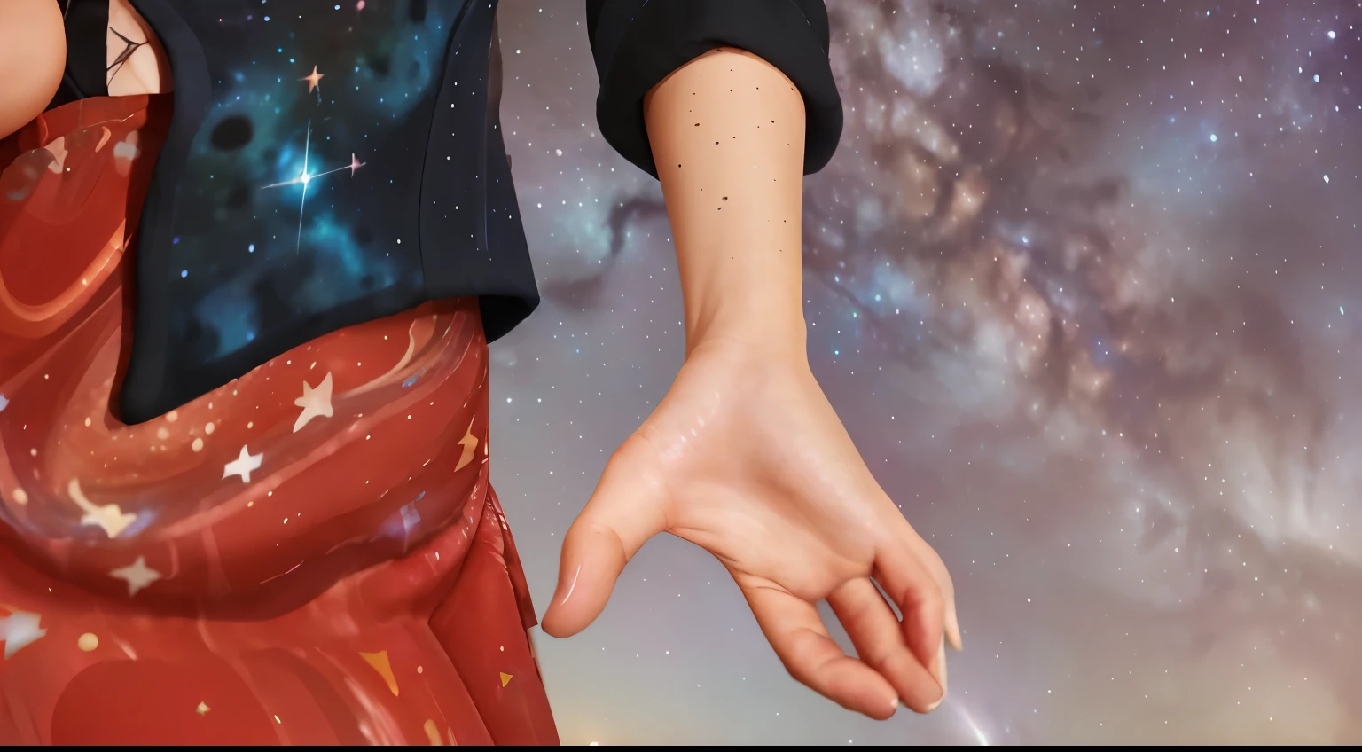 High detail, super detail, super high resolution, girl enjoying her time in the dream galaxy, surrounded by stars, warm light sprinkled on her, background is starry sky with colorful galaxies and galaxy clouds, stars flying around her, delicate face, adding playful atmosphere , Steele is realistic