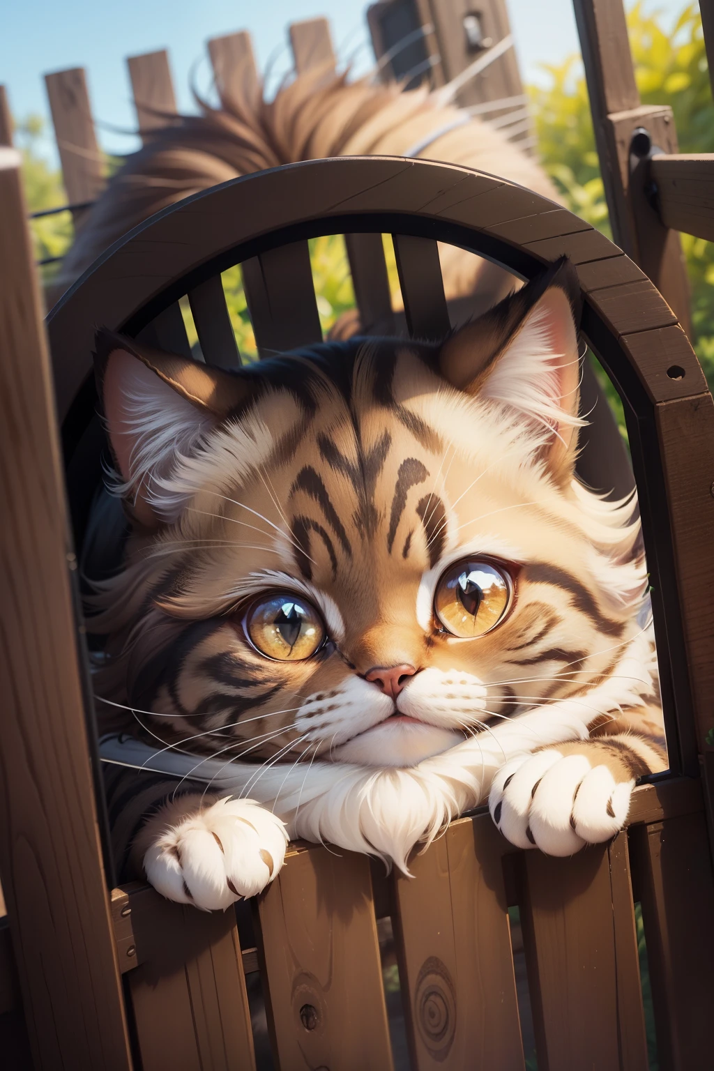 Adesivos de "A fluffy brown fur cat peeking from behind a fence, com bolhas de fofoca no estilo cartoon"
