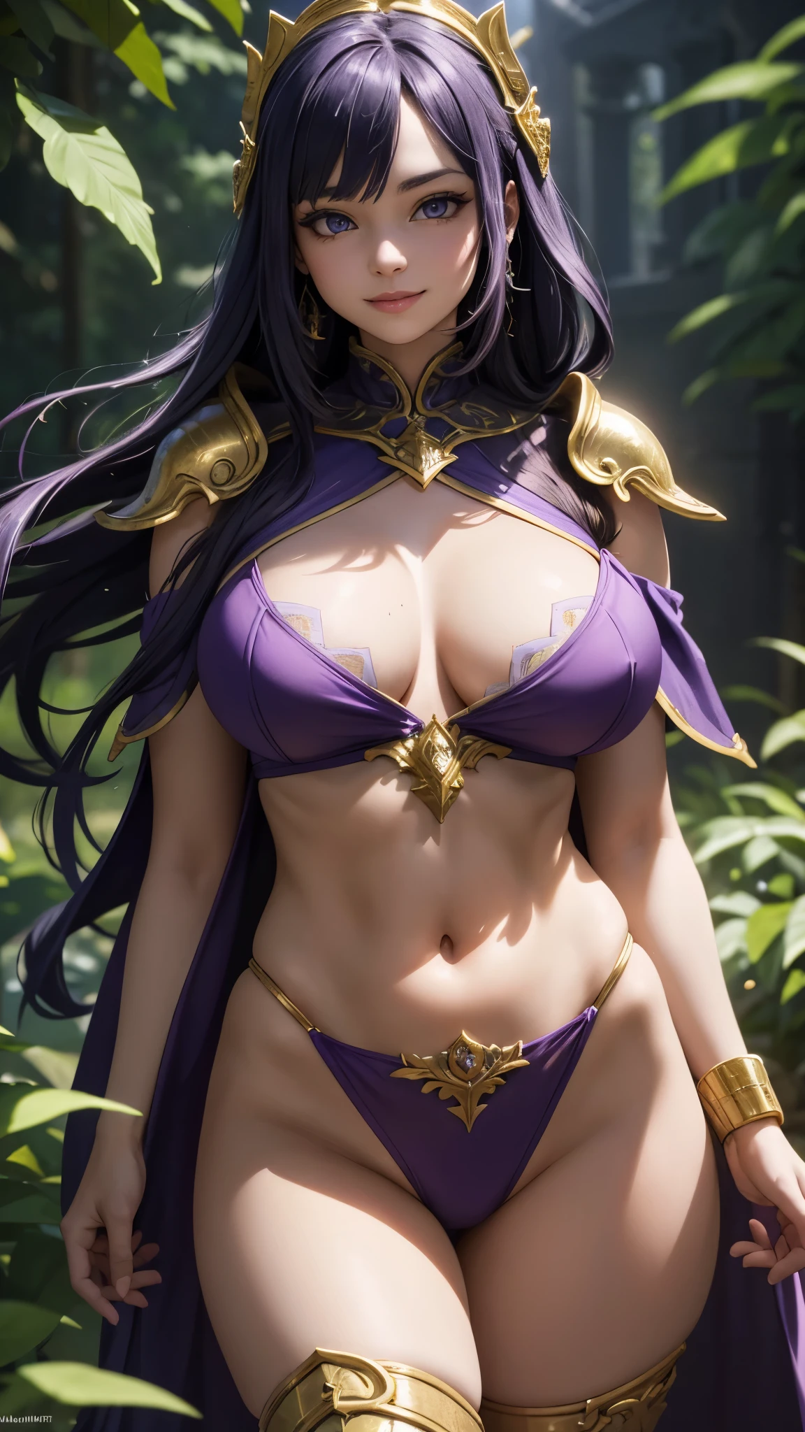 beautiful warrior girl, purple curly hair, beautiful smile, big breasts, hand in panties, detailed eyes, detailed lips, feminine facial features, slender physique, confident posture, standing in a lush garden, surrounded by vibrant flowers and greenery, sunlight filtering through the leaves, subtle shadows on her face, wearing an intricate armor made of silver and gold, adorned with elegant patterns and gemstones, a flowing purple cape draping behind her, the fabric billowing in the wind, holding a shimmering sword with a golden hilt, reflecting the sunlight, her other hand gracefully holding her helmet, revealing her mesmerizing purple eyes, a serene expression of determination and strength, soft purple hues dominating the color palette, creating a dreamy and ethereal atmosphere, accentuated by the golden rays of sunlight, the surroundings bathed in a warm and vibrant light, creating a sense of enchantment and power. (best quality, 4k, highres:1.2), ultra-detailed, realistic, portrait, fantasy, vibrant colors, soft lighting, bokeh.