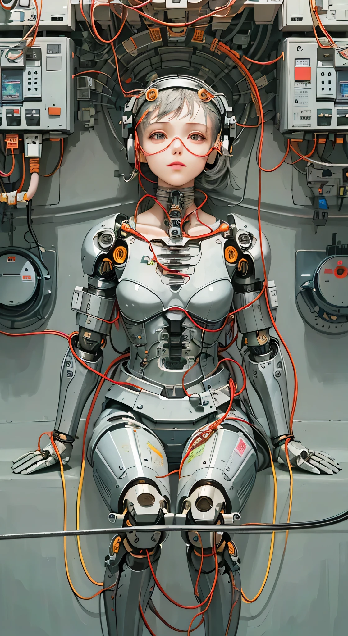 (((masterpiece))), (((best quality))), ((super detailed)), (Very detailed CG illustrations), ((extremely delicate and beautiful)),(Cute and delicate face),Light,((1Mechanical Girl)),alone,whole body,(Machine made joints:1.4),((mechanical limbs)),(Burst muscles),(The blood vessels are connected to the tube),(a brain in container:1.3),((Mechanical vertebrae attached to the back)),((Cervical spine mechanically fixed to the neck)),((sitting)),poker face,(wires and cables attached to head and body:1.5),small breasts,medium long hair,(Character focus),Science fiction