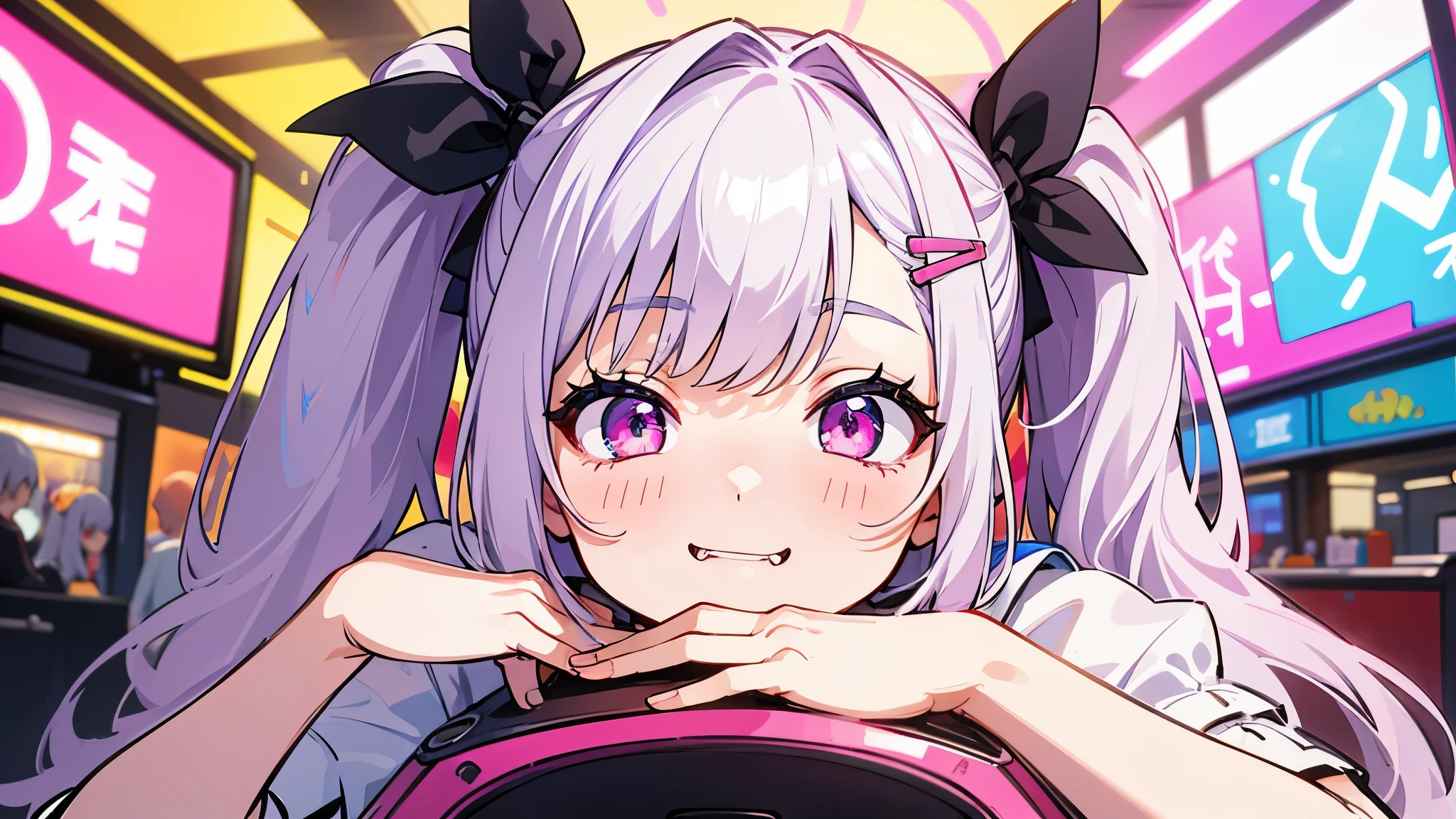 one girl, very beautiful face, beautiful eyes, detailed eyes, detailed face, detailed hair, masterpiece, anime girl, pink eyes, silver hair, , kawaii, two pony tails, hair pins, hair accessories, very young, big , pixiv, illustration, very high quality, masterpiece, vampire teeth, fangs, pink cheeks, looks at you, very sweet, in arcade, playing game, play, neon arcade