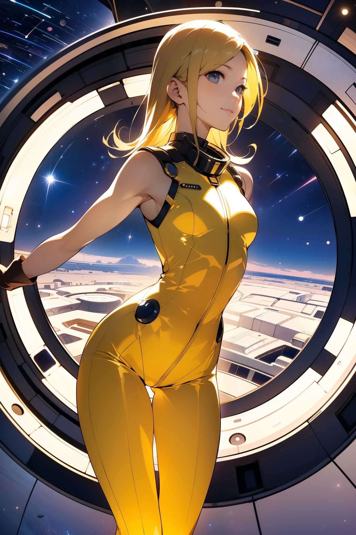 (masterpiece, best quality:1.2), (cowboy shot:1.1), solo, 1girl, mori yuki, slight smile, closed mouth, side view, looking at viewer, blonde hair, long hair, thigh gap, yellow bodysuit, skin-tight, perfect body, large window, (starship porthole:1.3), (spread legs:1.3), (standing:1.1), thigh gap,  pose, sideview, perfect hands, bright starship interior, (outer space view:1.1), (orbital view:1.3), (night, stary sky:1.5), milky way