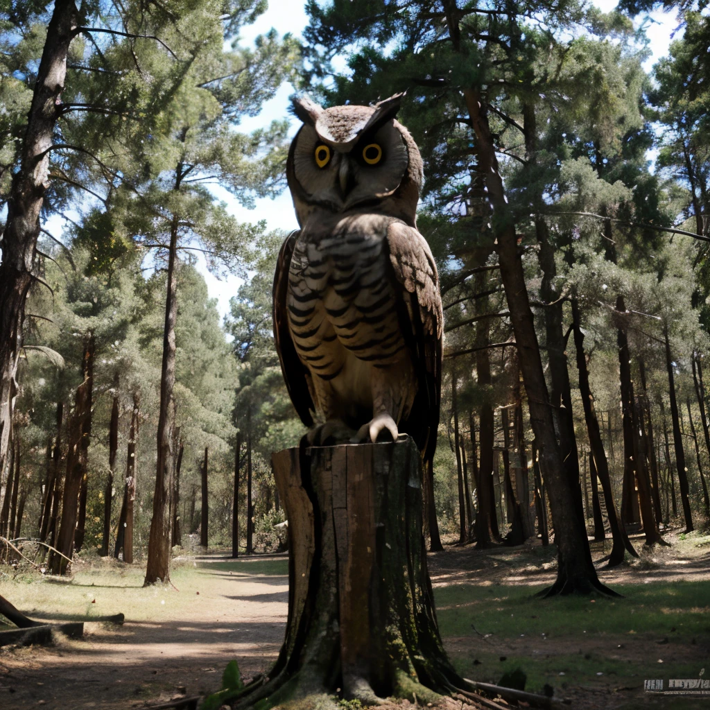 owl wood sculpture, con cuernos en la cabeza, en el bosque