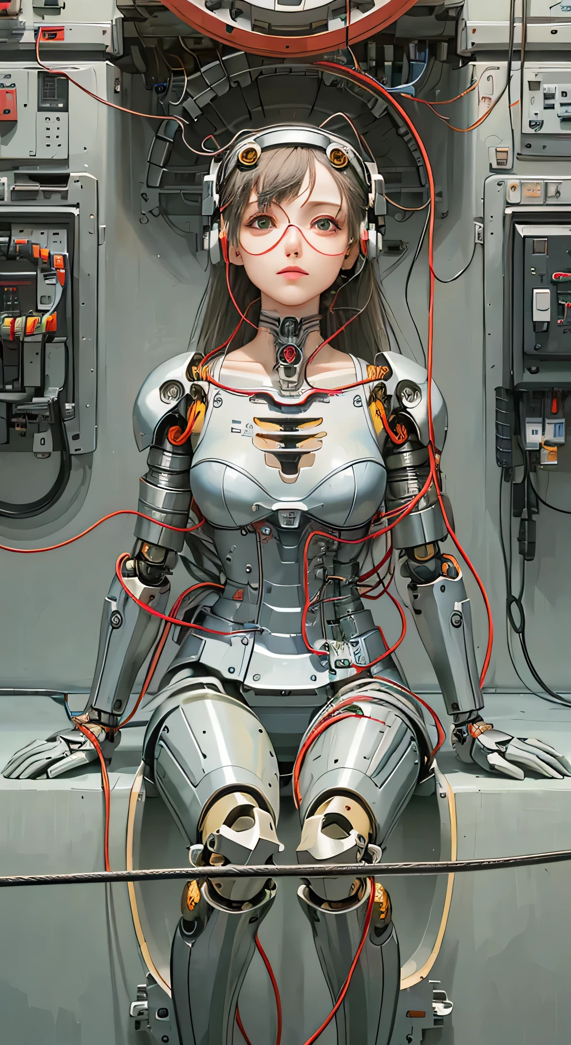 (((masterpiece))), (((best quality))), ((super detailed)), (Very detailed CG illustration), ((extremely delicate and beautiful)),(Cute and delicate face),Light,((1Mechanical Girl)),alone,whole body,(Machine made joints:1.4),((mechanical limbs)),(Burst muscles),(The blood vessels are connected to the tube),(a brain in container:1.3),((Mechanical vertebrae attached to the back)),((Cervical spine mechanical fixation in the neck)),((sitting)),poker face,(wires and cables attached to head and body:1.5),big breasts,medium long hair,(Character focus),Science fiction