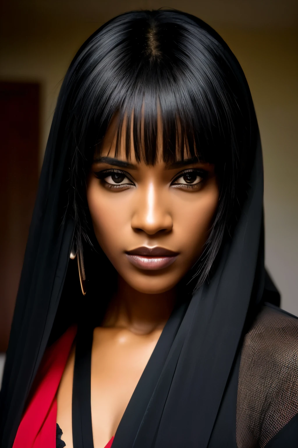 (8k, Foto bruta, Mais alta qualidade), beautiful ebony, Cabelos marejados, olhos marejados, triste, Grande plano, manto, (olhos detalhados:0.8), (Looking at the camera:1.4), (Mais alta qualidade), (Melhor sombra), detalhes intrincados, Interior, dark studio, cores suaves, (Contraste To8Style),