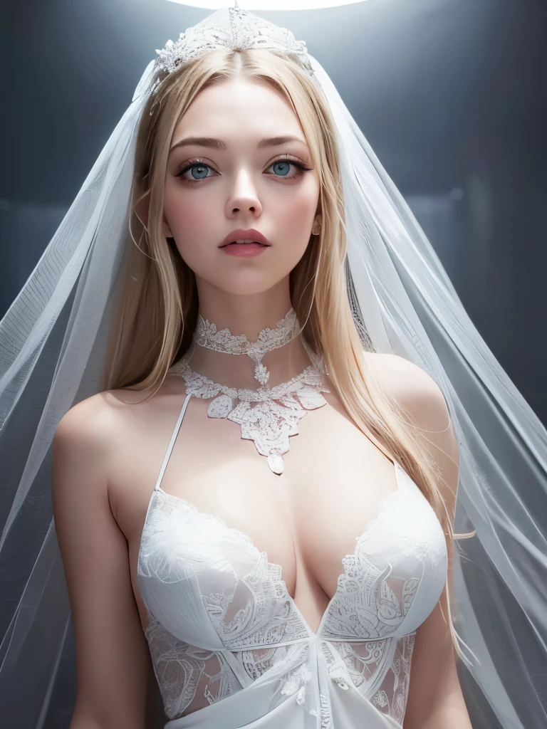 AMANDA SEYFRIED com os seios cobertos por um viscoso que escorre pelo seu corpo, tecido branco viscoso, your body and face is wet, olhos azuis, cabelo branco, batom preto, Viscous white fabric dress dripping down the floor, lugar frio, neve caindo, nevasca, luvas branca viscosas, fundo branco, flocos de neve, gelo, muita neblina ao fundo, (foto com melhor qualidade, uma obra de prima, sensuality and elegance, profundidade de campo, HD, photograph taken by Sony R7 camera with 85mm Full frame lenses, abertura de f1.2), estilo retrato