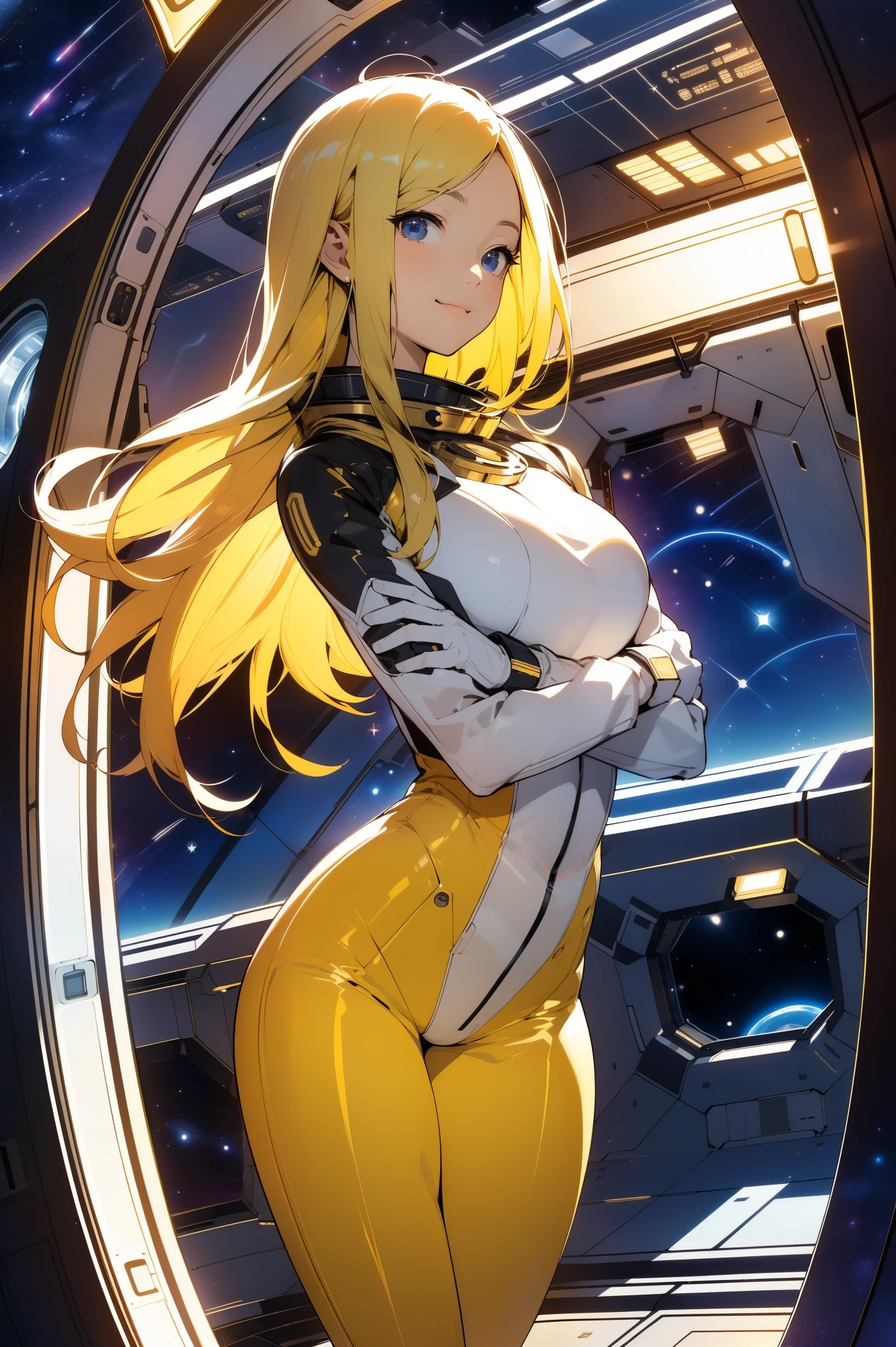 (masterpiece, best quality:1.2), (cowboy shot:1.1), solo, 1girl, mori yuki, slight smile, closed mouth, side view, looking at viewer, blonde hair, long hair, thigh gap, yellow bodysuit, skin-tight, perfect body, large window, (starship porthole:1.3), (spread legs:1.3), (standing:1.1), thigh gap, pose, sideview, perfect hands, bright starship interior, (outer space view:1.1), (orbital view:1.3), (night, stary sky:1.5), milky way
