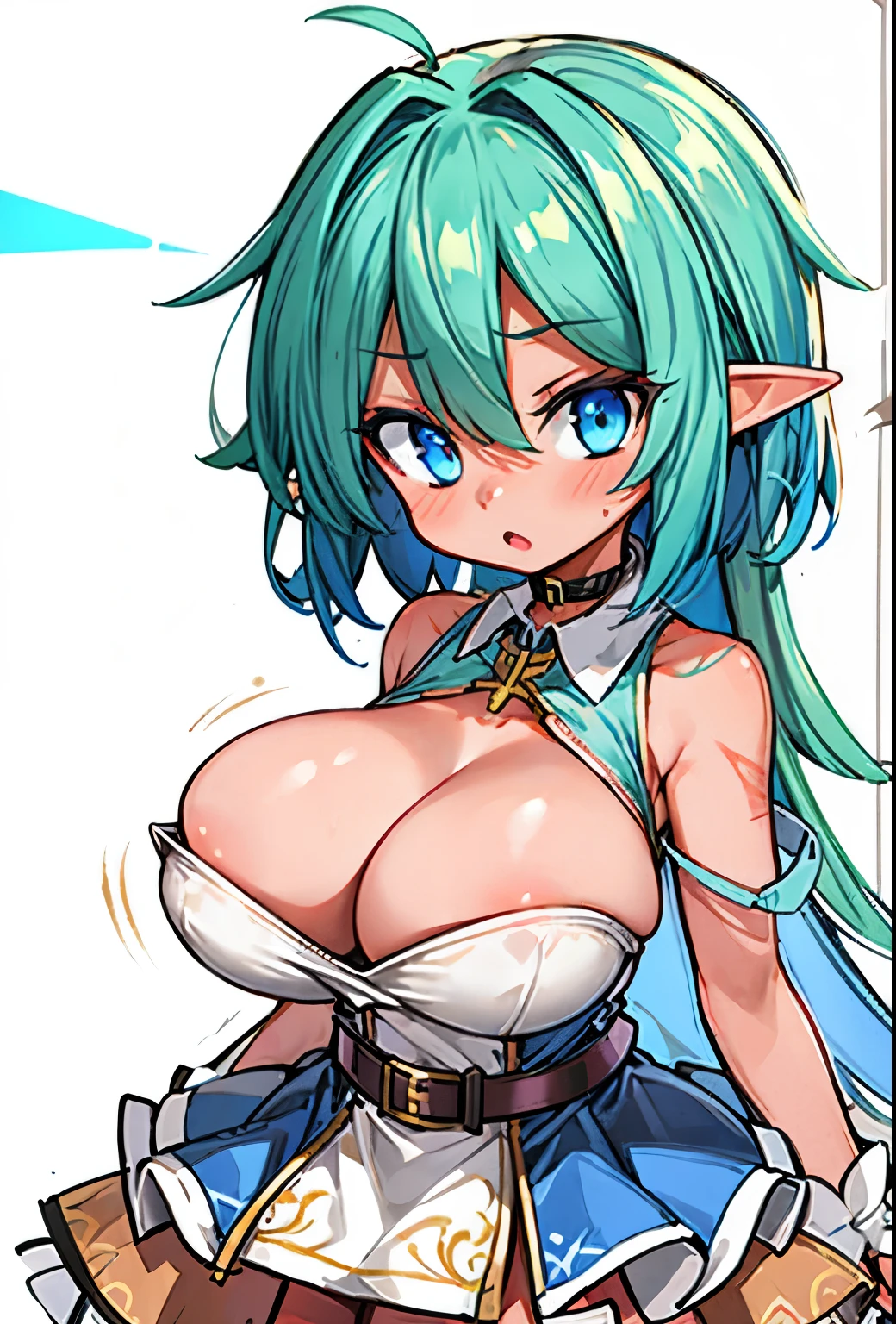 (tanned elf girl:1.2), (blue battle dress), (collar) (belts), (huge tits), (scratches to breasts:1.3)