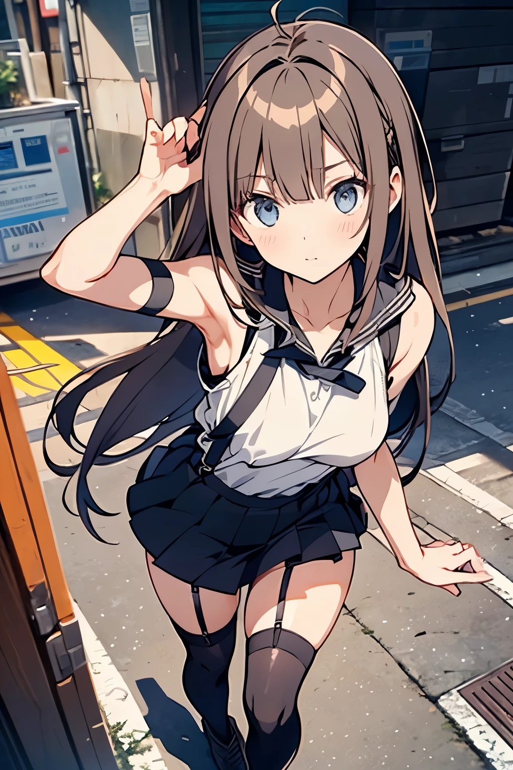 brown hair、looking at the viewer　　suspenders　　　Bulging big breasts　　 　 　　　　Black miniskirt　garter belt　knee high socks　　　　　　Gaze　　　small face　bangs 　　　　　Beauty　　hands up　　 　Gaze 　black boots 　provocation　　armpit sweat　one person 　　put your hands behind your back　cutter shirt　　Panty shot　ginka