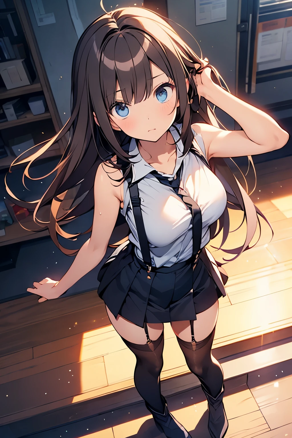 brown hair、looking at the viewer　　suspenders　　　Bulging big breasts　　 　 　　　　Black miniskirt　garter belt　knee high socks　　　　　　Gaze　　　small face　bangs 　　　　　Beauty　　hands up　　 　Gaze 　black boots 　provocation　　armpit sweat　one person 　　put your hands behind your back　cutter shirt　　Panty shot　ginka