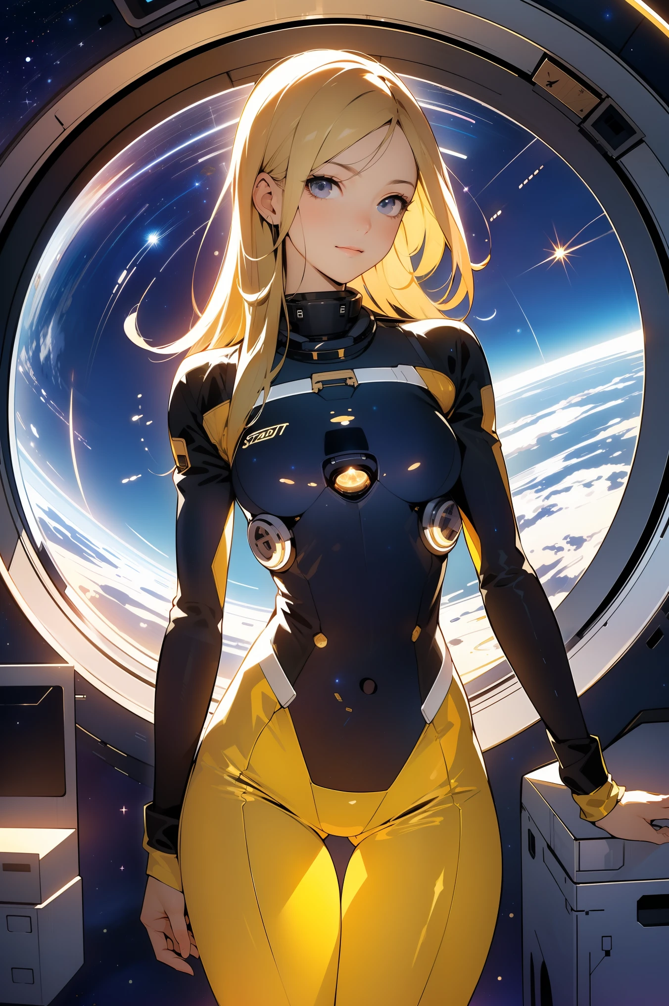 (masterpiece, best quality:1.2), (cowboy shot:1.1), solo, 1girl, mori yuki, slight smile, closed mouth, side view, looking at viewer, blonde hair, long hair, thigh gap, yellow bodysuit, skin-tight, perfect body, large window, (starship porthole:1.3), (spread legs:1.3), (standing:1.1), thigh gap, pose, sideview, perfect hands, bright starship interior, (outer space view:1.1), (orbital view:1.3), (night, stary sky:1.5), milky way