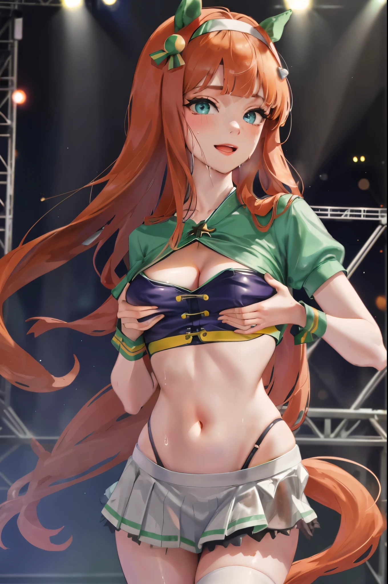 sexy dance show,(breast grab,BreastLift:1.5),silence suzuka \(umamusume\),good anatomy, masterpiece, best quality,realistic, hyperrealistic, 16k hdr,happy Smile,(Live Stage:1.2),(see through costume:1.3),Stage costumes,Horse tail,ultra miniskirt,navel,micro panties,(show off clearvage:1.2),erected nipples,sweat,large breasts,upper body