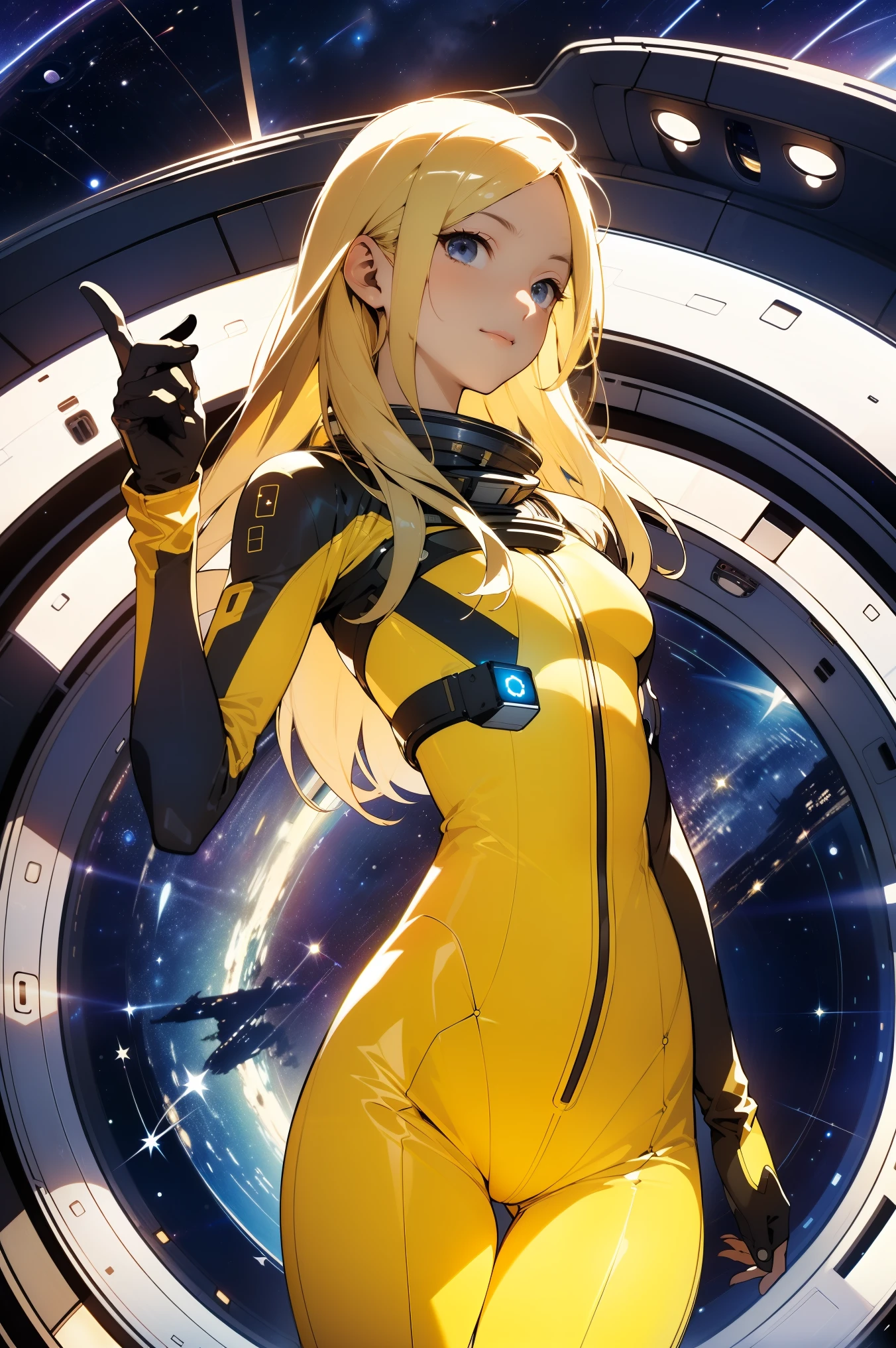 (masterpiece, best quality:1.2), (cowboy shot:1.1), solo, 1girl, mori yuki, slight smile, closed mouth, side view, looking at viewer, blonde hair, long hair, thigh gap, yellow bodysuit, skin-tight, perfect body, large window, (starship porthole:1.3), (spread legs:1.3), (standing:1.1), thigh gap,  pose, sideview, perfect hands, bright starship interior, (outer space view:1.1), (orbital view:1.3), (night, stary sky:1.5), milky way