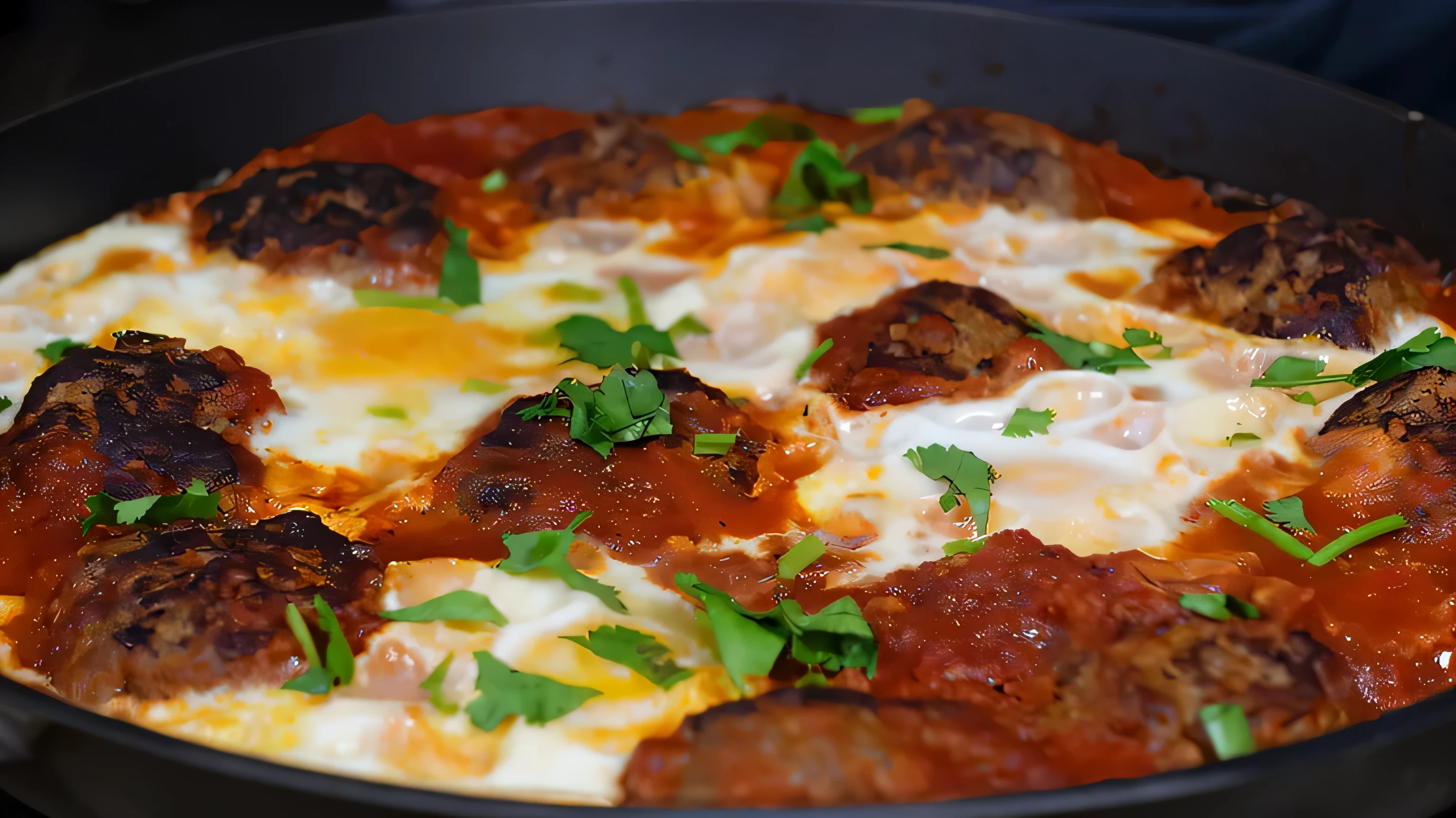il y a une poêle avec une pizza avec des boulettes de viande et de la sauce, mièvre, beaucoup de boules de mozzarella, délicieux, oeuf, Sauce, Chilaquiles, photo haute résolution, Angle inférieur, Fondation, Un plan large et complet, prise de vue très détaillée, inspiré de Géza Dósa, en religion, très savoureux, vue époustouflante, dans le style de Mike Savad », Photographie en gros plan
