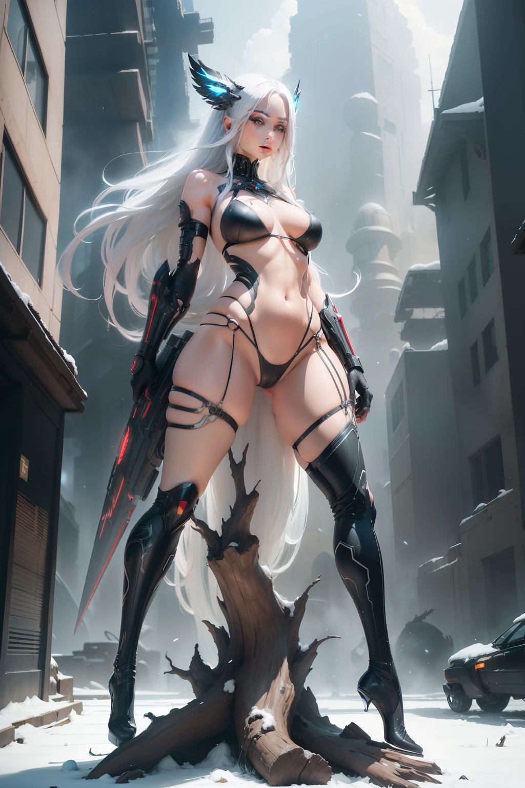 cinematic,arkonidin, red iris, Stunning white hair of a beautiful woman in micro string bikini standing in a futuristic setting. Beautiful leg with long barrel socks She stands in the setting of a mysterious city embraced by a galaxy full of stars, representando a prosperidade. Sua pele de porcelana brilha, radiating ethereal beauty. Her long flowing white hair, pure as freshly fallen snow, caem em cascata pelos ombros e busto, emphasizing your real presence. overknee boots socks lying on a tree. fantastic eyes,((imagem frente e verso da personagem))fotorealistico