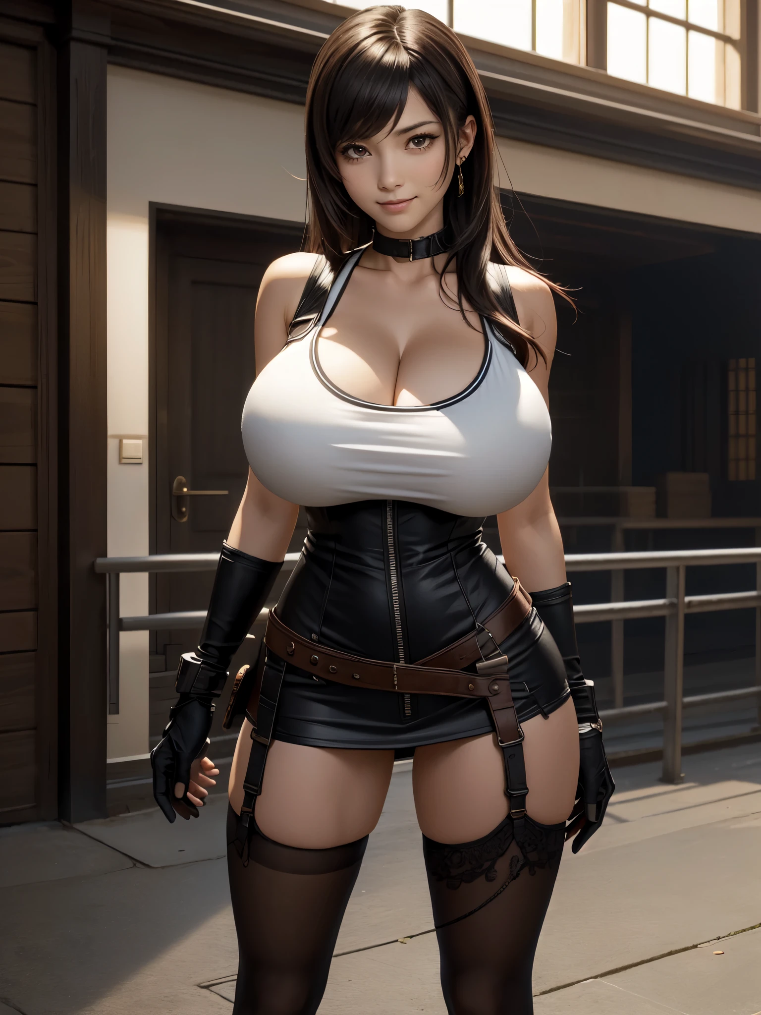 (8k, best quality, masterpiece:1.2), (realistic, photo-realistic:1.37), (full body), standing, legs apart, ultra-detailed, 1 girl,cute, solo, (tifa lockhart), (huge breasts:1.5),(beautiful detailed eyes), (smile:1.2), (closed mouth), erotic pose, sharp focus, depth of field, good composition, Final Fantasy VII, very long straight hair, hair bang, ((red_eyes)), intricate, bokeh, (Tetsuya Nomura style),  perfect breasts, white tank top, black miniskirt, suspenders, gloves, stockings, toned body, athletic, wide hips, thin waist, toned arms