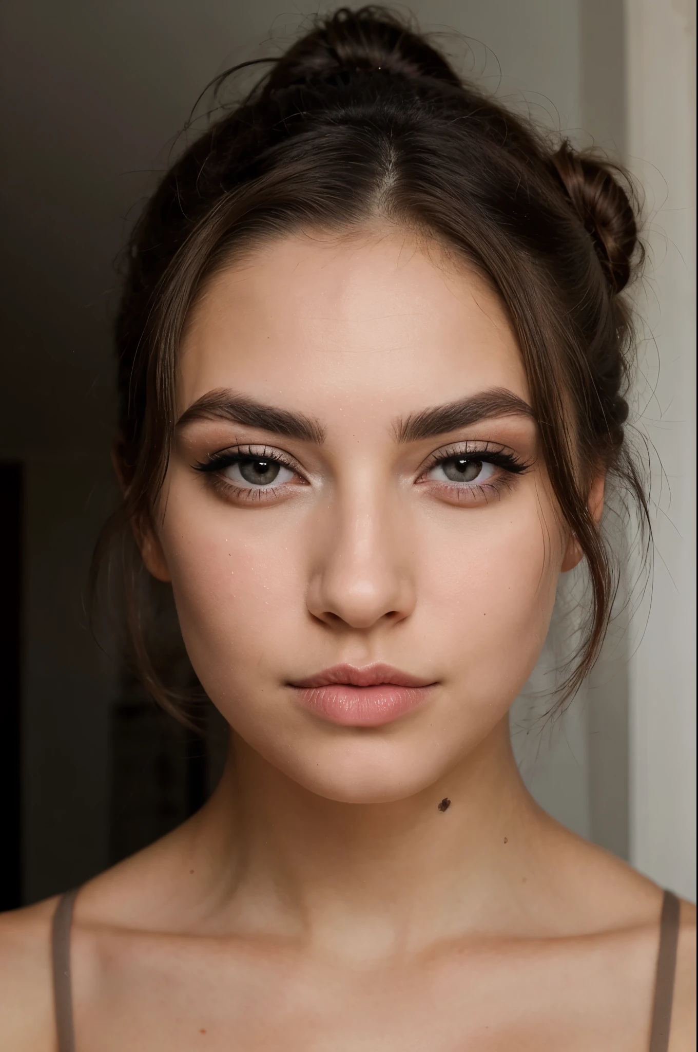 Visage de femme magnifique , Elegant , with dark brown hair in a bun , des yeux noir , looking at the camera lens, a thin, curved nose and pretty luscious lips , thick eyebrows, black and well shaved