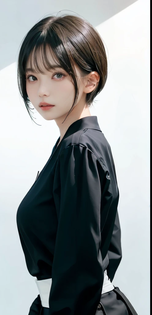 Masterpiece, 1 Beautiful Girl, Detailed Eyes, Swollen Eyes, Top Quality, Ultra High Resolution, (Reality: 1.4), Original Photo, 1Girl, Cinematic Lighting, Japanese, Asian Beauty, Korean, Very Beautiful, Beautiful Skin, Slender, Body Facing Front, (Ultra Realistic), (High Resolution), (8 K), (very detailed), (best illustration), (beautifully detailed eyes), (super detailed), detailed face, looking at viewer, facing straight ahead, neat clothes, sleeveless, short hair, black hair, 46 point slanted bangs, white background, neat room,