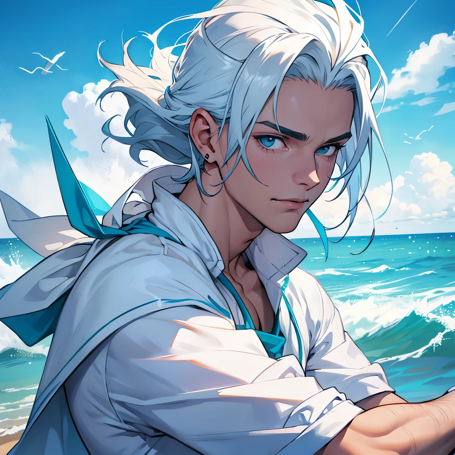 Young man with long hair,white and blue tips on the beach