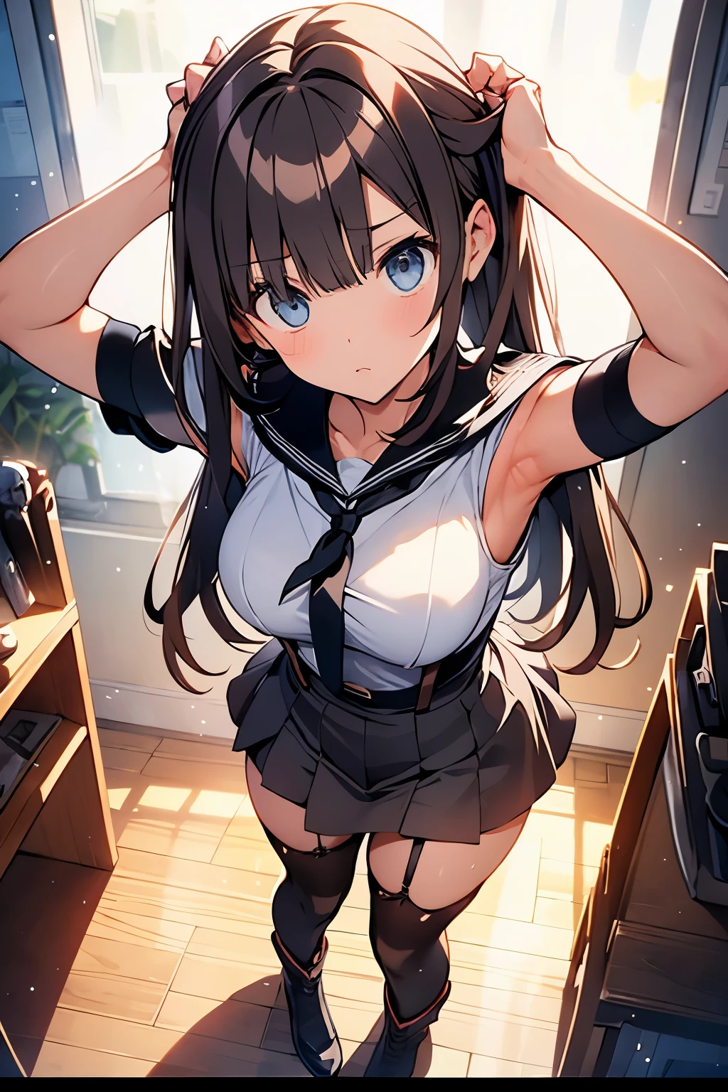 brown hair、looking at the viewer　　suspenders　　　Bulging big breasts　　 　 　　　　Black miniskirt　garter belt　knee high socks　　　　　　Gaze　　　small face　bangs 　　　　　Beauty　　hands up　　 　Gaze 　black boots 　provocation　　armpit sweat　one person 　　put your hands behind your back　cutter shirt　　Panty shot　ginka