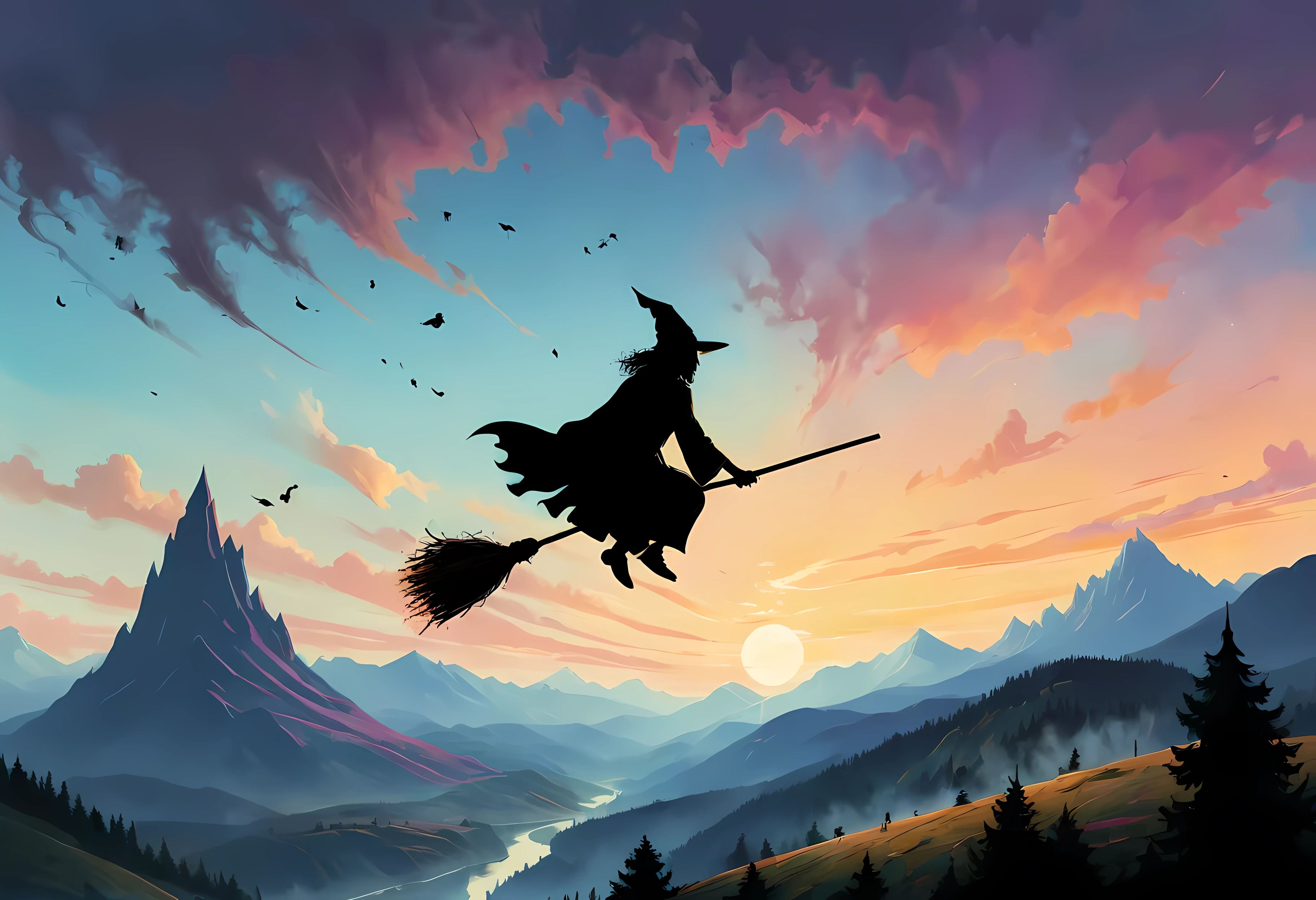 ((Wizards on flying broomstick):1.3), ((Flying Broomstick):1.4)), ((Multiple Wizards on flying broomstick race):1.1), ((Vast sky and distant mountain):1.2), ((soft_color_painting:)1.5), ((soft_color_tones):1.4), ((Movie-like still images and dynamic angles):1.3), ((cool and beautiful shadow silhouette):1.1), Gouache with intricate details, Add a touch of realism to this visually detailed and stylistically diverse masterpiece, Detailed brushstrokes have been enhanced, Careful brushwork creates an atmosphere, Utilize delicate yet powerful brushstroke techniques, Create an enchanting atmosphere. highly detailed gouache, ((Unparalleled sharpness and clarity):1.1), ((Radiosity rendered in stunning 32K resolution):1.3), All captured with sharp focus.