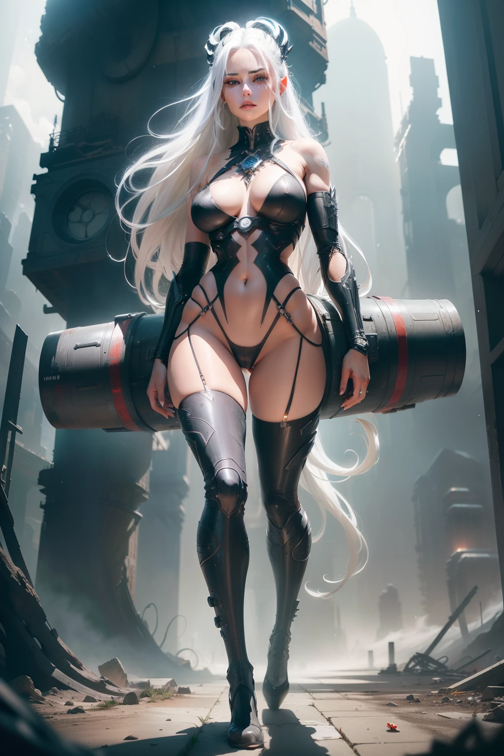 cinematic,arkonidin, red iris, Stunning white hair of a beautiful woman in micro string bikini standing in a futuristic setting. Beautiful leg with long barrel socks She stands in the setting of a mysterious city embraced by a galaxy full of stars, representando a prosperidade. Sua pele de porcelana brilha, radiating ethereal beauty. Her long flowing white hair, pure as freshly fallen snow, caem em cascata pelos ombros e busto, emphasizing your real presence. overknee boots socks lying on a tree. fantastic eyes,((imagem frente e verso da personagem))fotorealistico