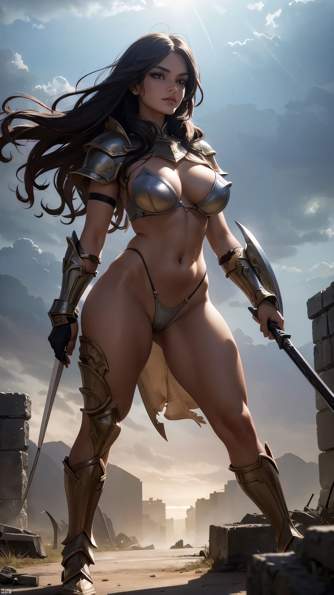 (best quality,ultra-detailed,realistic:1.37),A girl dressed as a warrior,strong,confident,beautiful detailed eyes,beautiful detailed lips,long eyelashes,strong facial features,fierce expression,brown flowing hair,curly hair flowing in the wind,dark eyebrows,clear skin,flawless complexion,bold and defined makeup,sharp contouring,perfectly arched eyebrows,beautiful smile,big and captivating breasts,powerful stance,holding a weapon,warrior pose,armor shining in the sunlight,glistening metal armor,multiple layers of armor,strong and toned body,fit and athletic figure,tall and graceful presence,golden accessories,diamond-studded accessories,transparent panties and bra,subtle seductive allure,harmonious color tones,contrasting dark and light elements,dynamic lighting effects,ray of sunlight casting a glow,background of a majestic battlefield,dramatic clouds in the sky,heroic shadows cast on the ground,crumbling ruins in the distance,hint of fantasy elements,mythical creatures lurking,feeling of epic adventure and triumph.