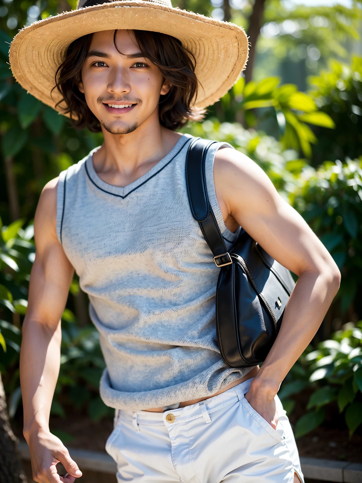 (8K, top-quality, masterpiece: 1.2), (realistic, Photorealistic: 1.2), A sensual man with black curly hair and fair white skin, Chocolate brown eyes, Short wavy hair, (Ultra-detailed), (High-resolution), 8K Wallpapers, Perfect dynamic composition, Beautiful detailed eyes, (Wearing a short sleeveless shirt and short pants), (Putting on a hat), (Carrying a sling bag), (Inviting expression)