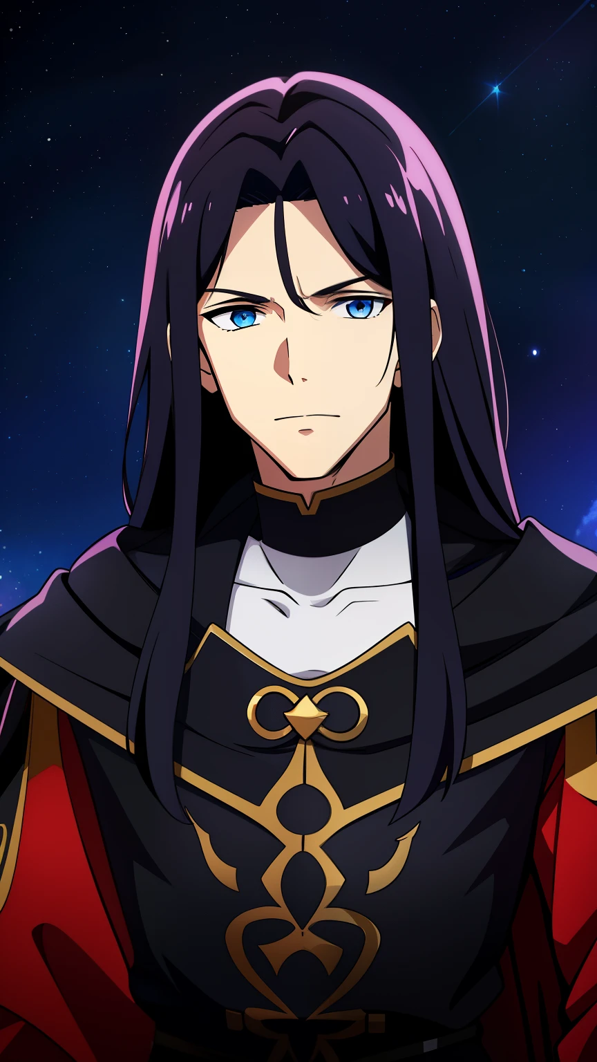 (high-quality, breathtaking),(expressive eyes, perfect face) 1male, male, solo, adult age, long length hair, red and black hair, unkept hair, pale blue eyes, serious expression, black cloak, white shirt, fantasy mage clothing, Pluto, Pluto Roman God of the Underworld, Pluto background, space background, portrait, upper body, magic, rainbow of pale blues yellows oranges and deep reds, dad vibe