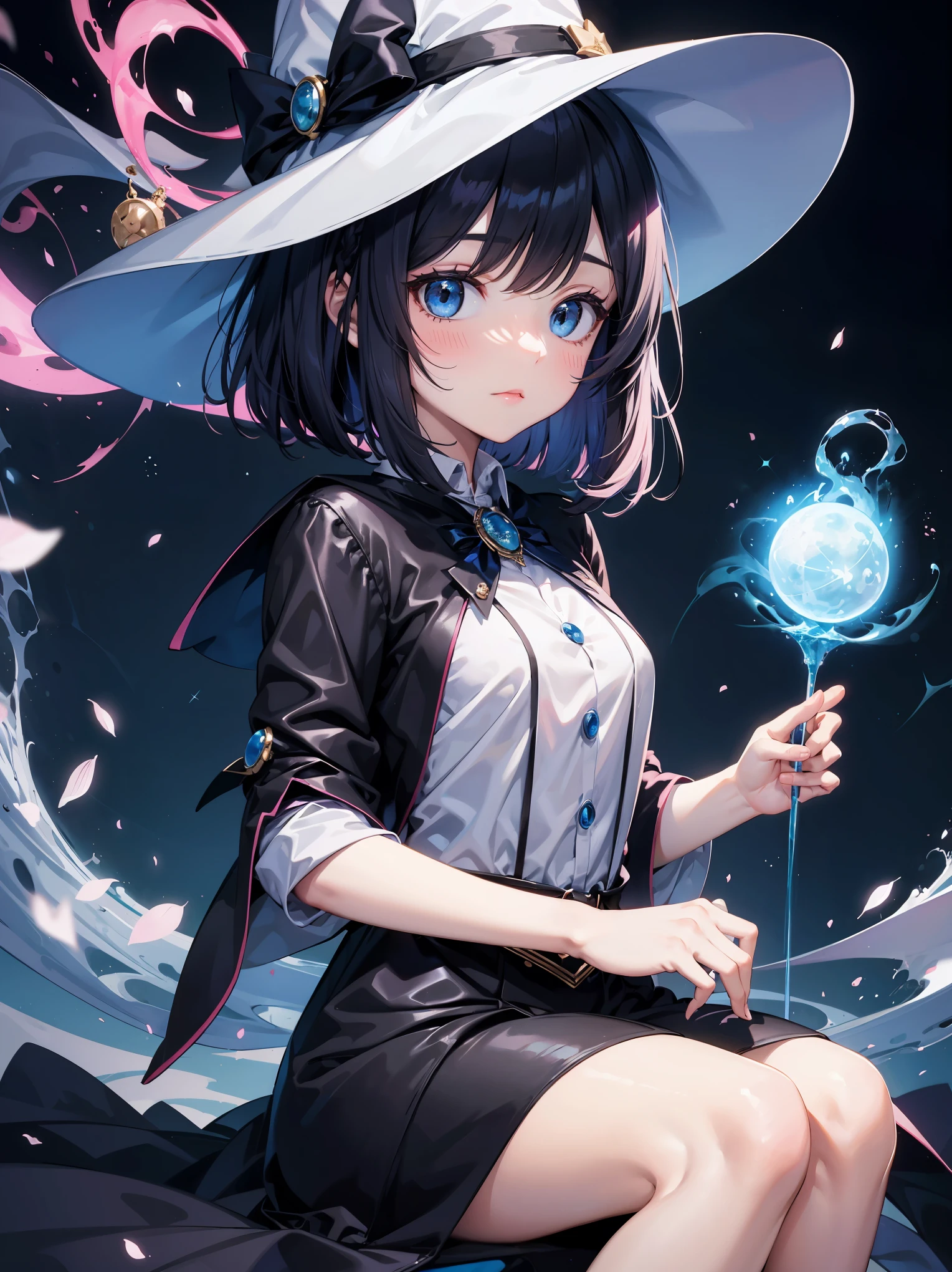 single girl, open field background, far from camera, demure expression, small frame, tiny body, tiny breasts, hidden breasts, cute cosplay, short blue hair, yellow eyes, bright eyes, mischief smile, crossed thighs, wooden wand, low tilting, spectacles, firm position, garden magic, deadline, high quality, sweet face, gorgeous look, beautifully dressed witch, 4 fingers, clothed, casting spell, magic circle on ground