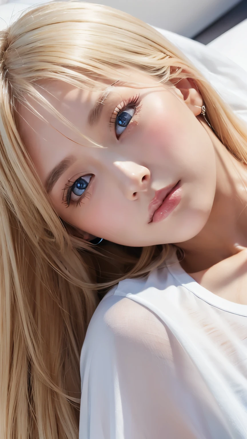 blond woman with blue eyes laying on a bed with her hand on her head, roseanne park of blackpink, taejune kim, jinyoung shin, heonhwa choe, beautiful south korean woman, jia, lalisa manobal, jossi of blackpink, popular south korean makeup, portrait of jossi of blackpink, kim hyun joo, glossy magazine photoshoot