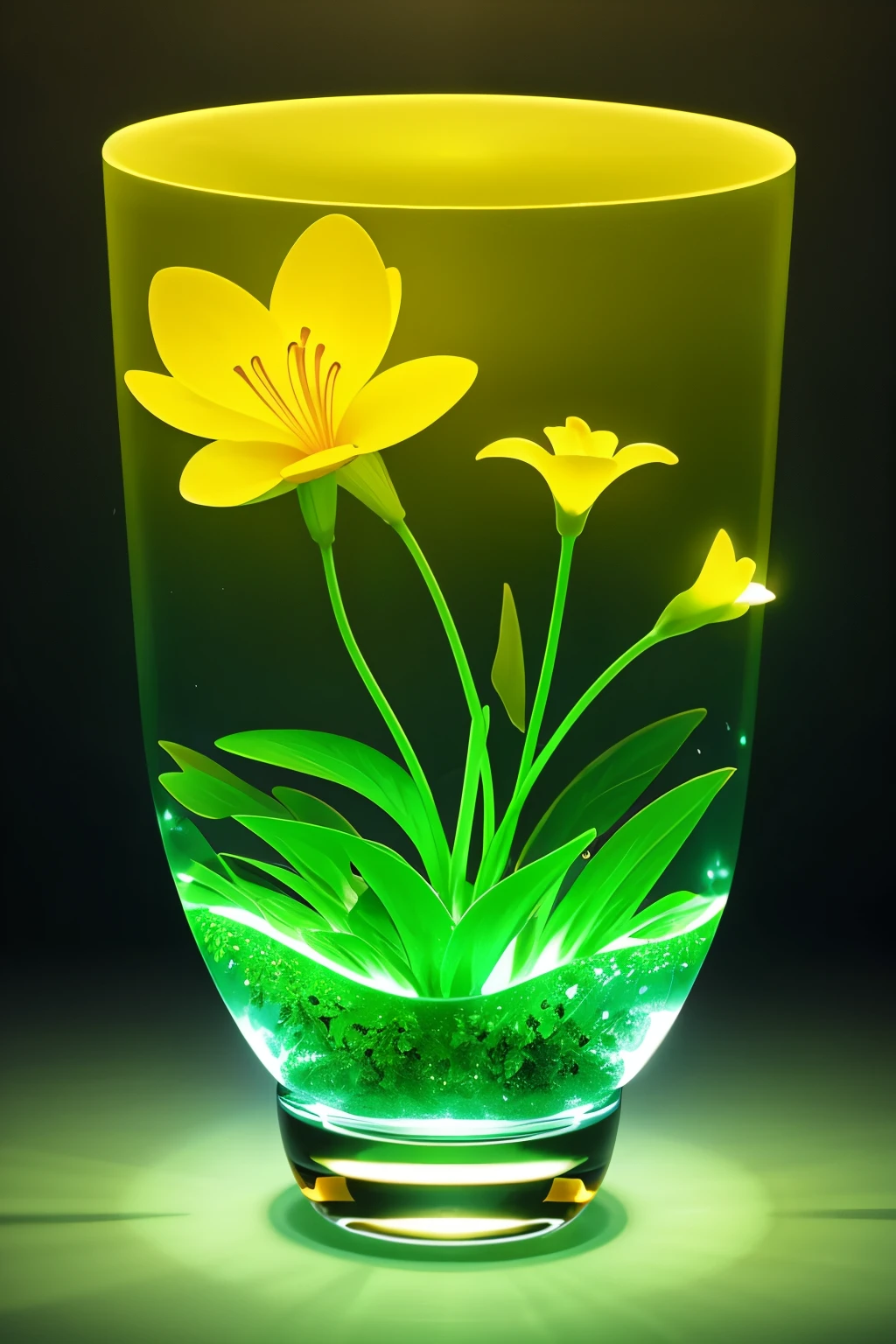 uma flor digital, made up of several plastic pieces in different shapes and different colors and is planted in a vase filled with green amber with bioluminescence, backgroun ou fundo uma estufa futurista