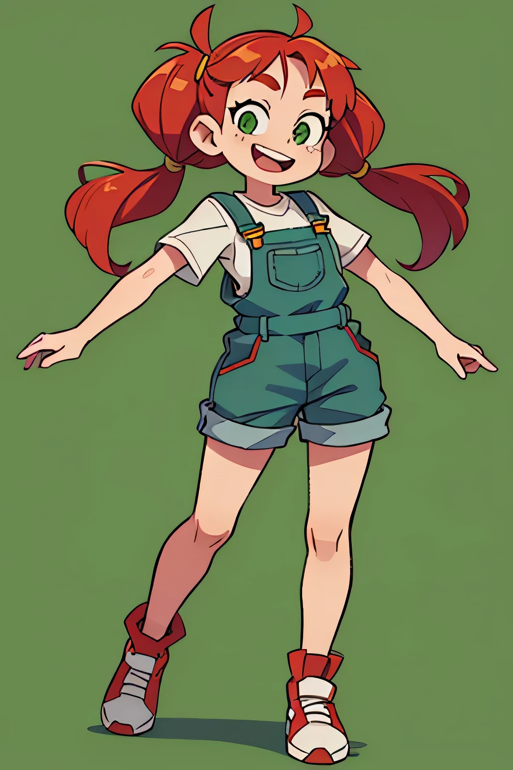 , long, red hair, often with braids or pigtails, big, green eyes, wearing dungarees, full body, smiling and cheerful