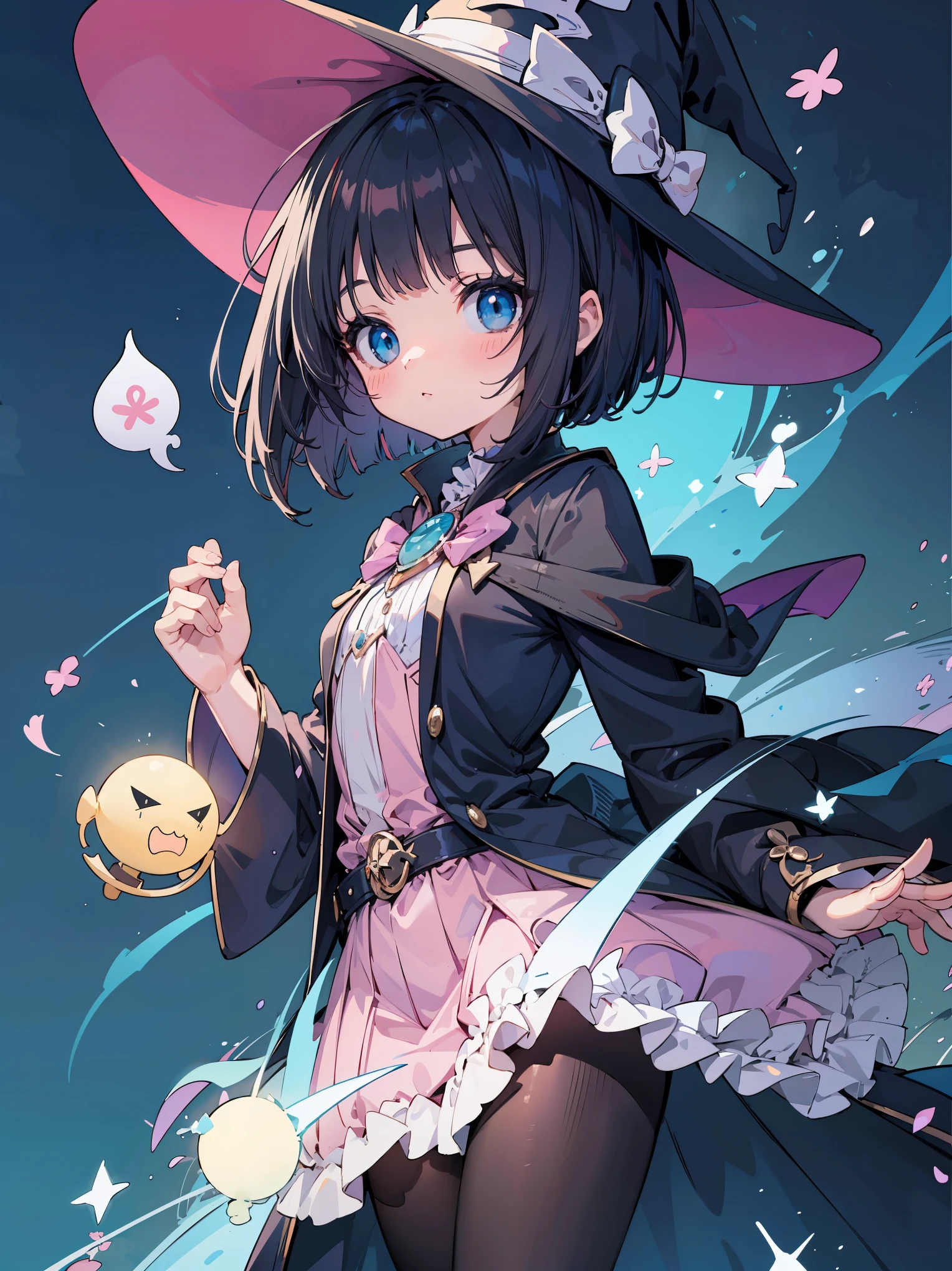 One length bob cut braided black hair,light pink magician hat,dark blue witch,Cute and pretty girl