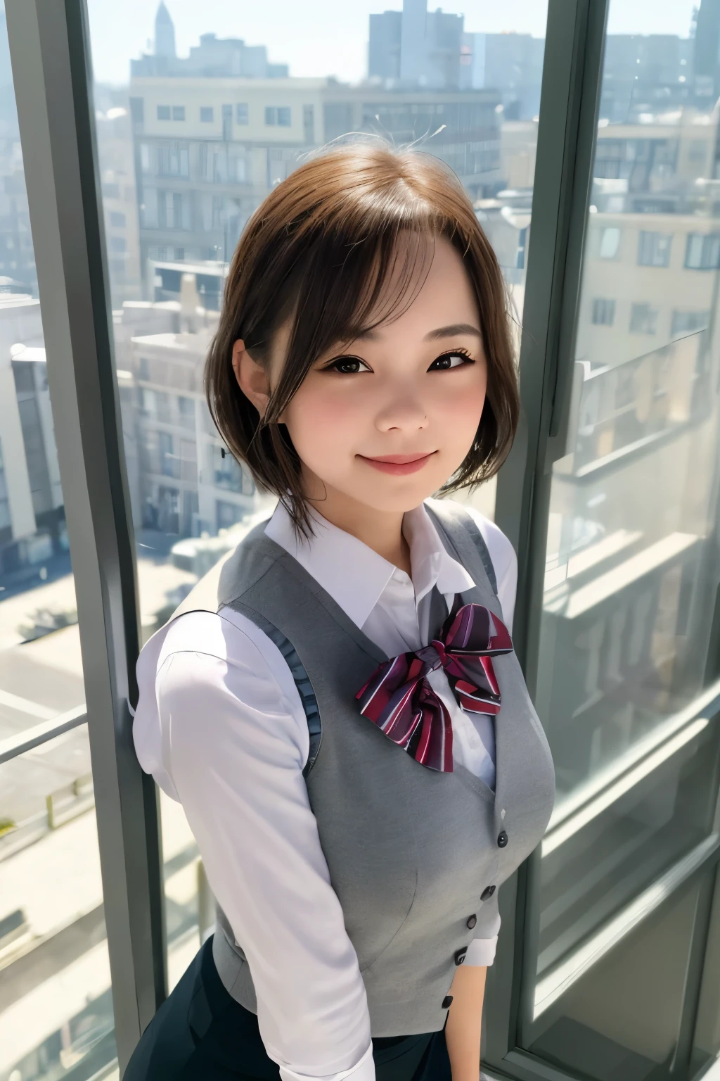 1girl, matured female, vest, bow, photo, realistic, best quality, hires, detailed face, office, buildings from window, detailed background, diffused sunlight, depth of field, bokeh