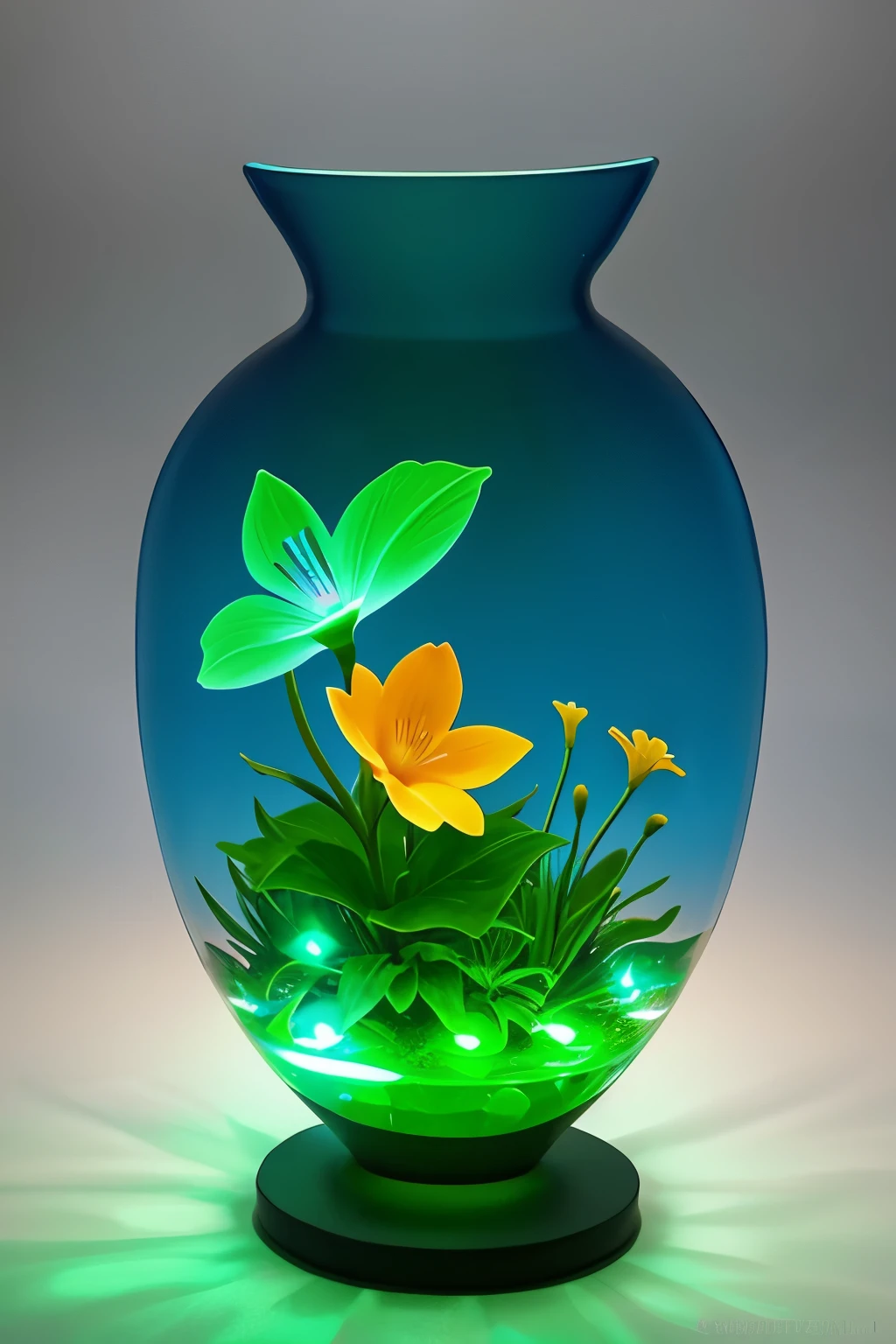 uma flor digital, made up of several plastic pieces in different shapes and different colors and is planted in a vase filled with green amber with bioluminescence, backgroun ou fundo uma estufa futurista
