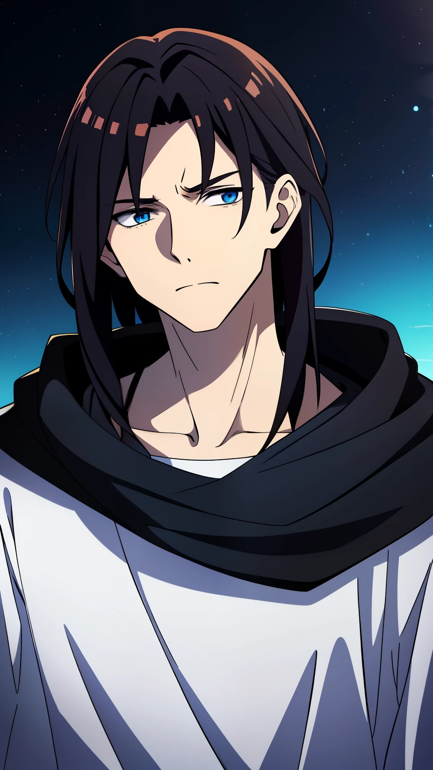 (high-quality, breathtaking),(expressive eyes, perfect face) 1male, male, solo, adult, medium length hair, red and black hair, unkept hair, wild spiky hair, pale blue eyes, soft expression, black cloak, white shirt, fantasy mage clothing, adventurers clothing, Pluto, Pluto Roman God of the Underworld, space background, portrait, upper body, magic, rainbow of pale blues yellows oranges and deep reds, dad vibe
 