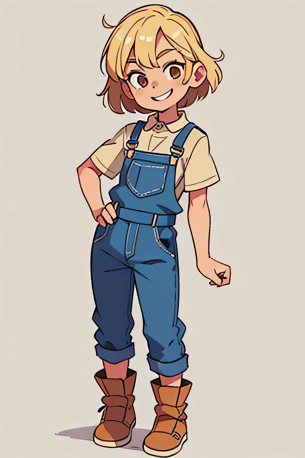 male , age eleven, blond bob hair, big brown eyes, full body, wearing overalls, smiling and shy