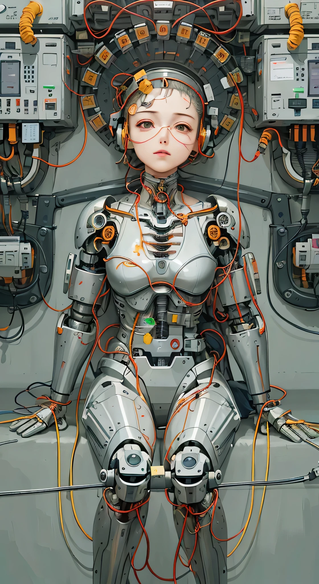 (((masterpiece))), (((best quality))), ((super detailed)), (Very detailed CG illustration), ((extremely delicate and beautiful)),(Cute and delicate face),Light,((1Mechanical Girl)),alone,whole body,(Machine made joints:1.4),((mechanical limbs)),(Burst muscles),(The blood vessels are connected to the tube),(a brain in container:1.3),((Mechanical vertebrae attached to the back)),((Cervical spine mechanical fixation in the neck)),((sitting)),poker face,(wires and cables attached to head and body:1.5),big breasts,long hair,(Character focus),Science fiction
